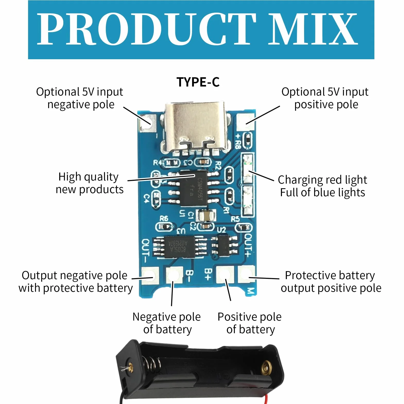 USB Type-C 5V Modulo di Ricarica Protezione Doppia, 6 Supporti per Batteria 3.7V Collegamenti a Filo, 10 Pezzi Pannello di Ricarica