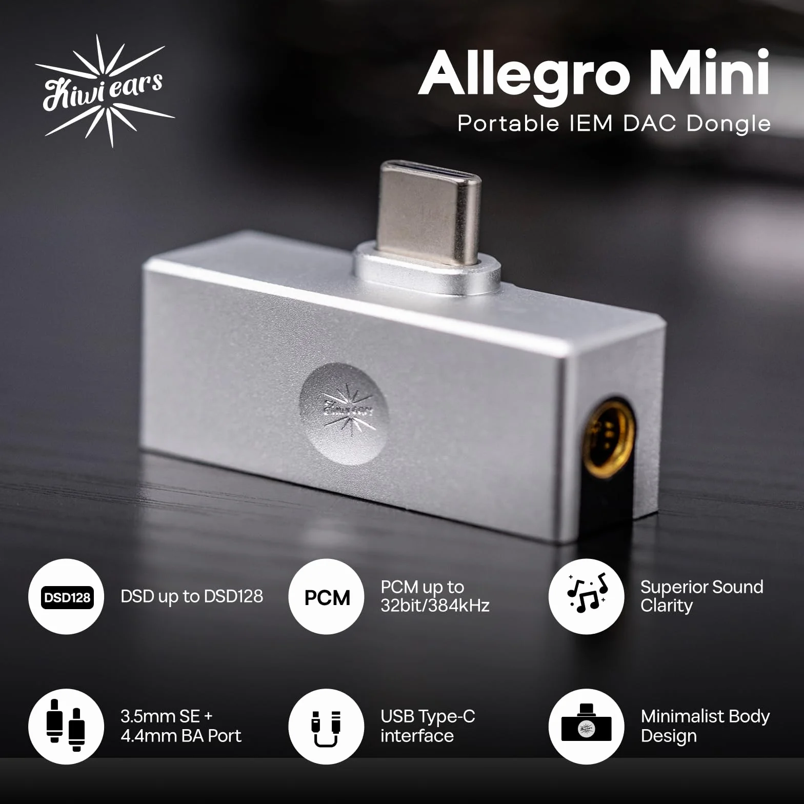 Kiwi Ears Allegro Mini Portable DAC USB C na 3,5/4,4 mm, 32bit/384 kHz, amplificatore per cuffie HiFi (Argento)