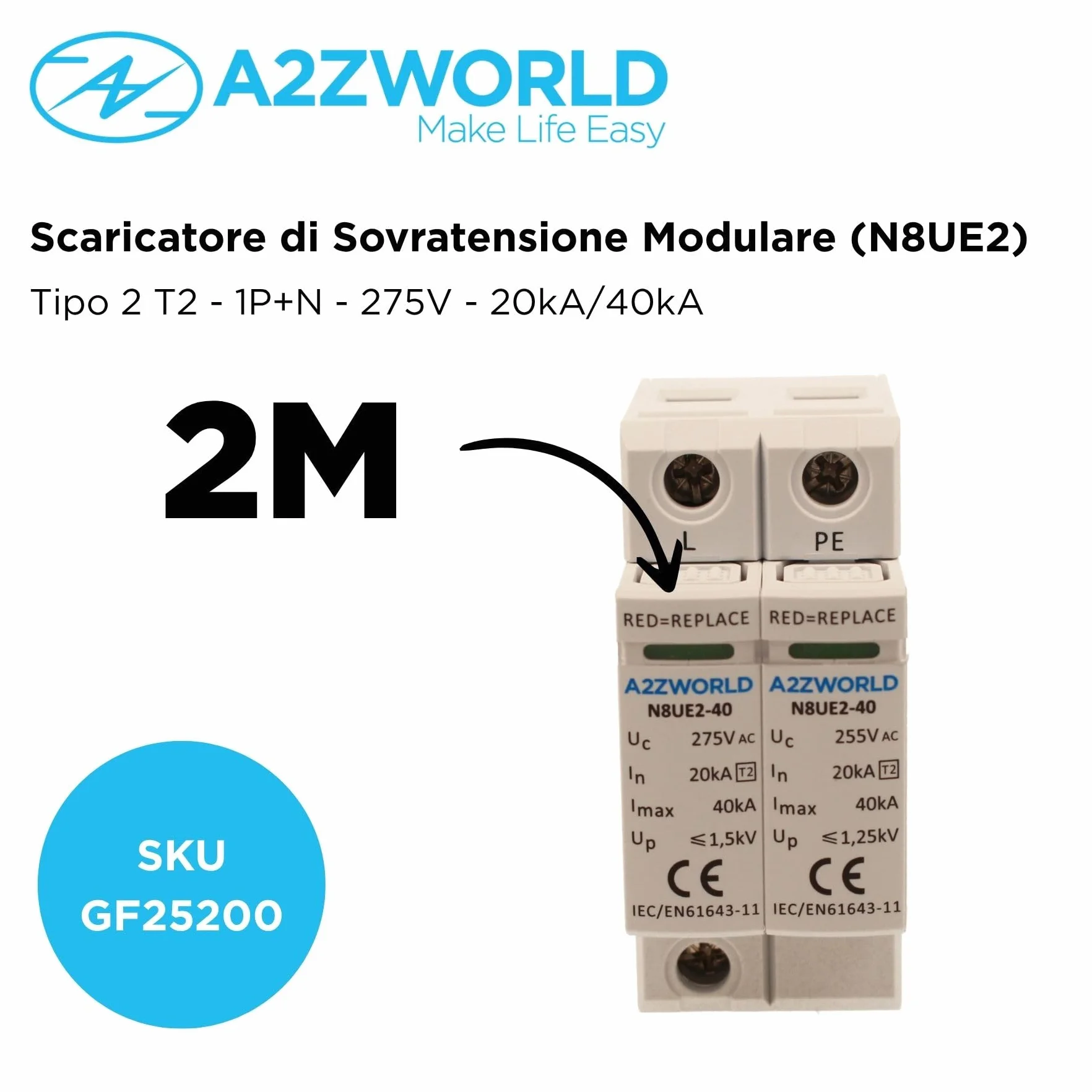 Scaricatore Di Sovratensione Modulare SPD Tipo 2 T2 1P+N 2 Moduli DIN 20kA-40kA AC275V IP20