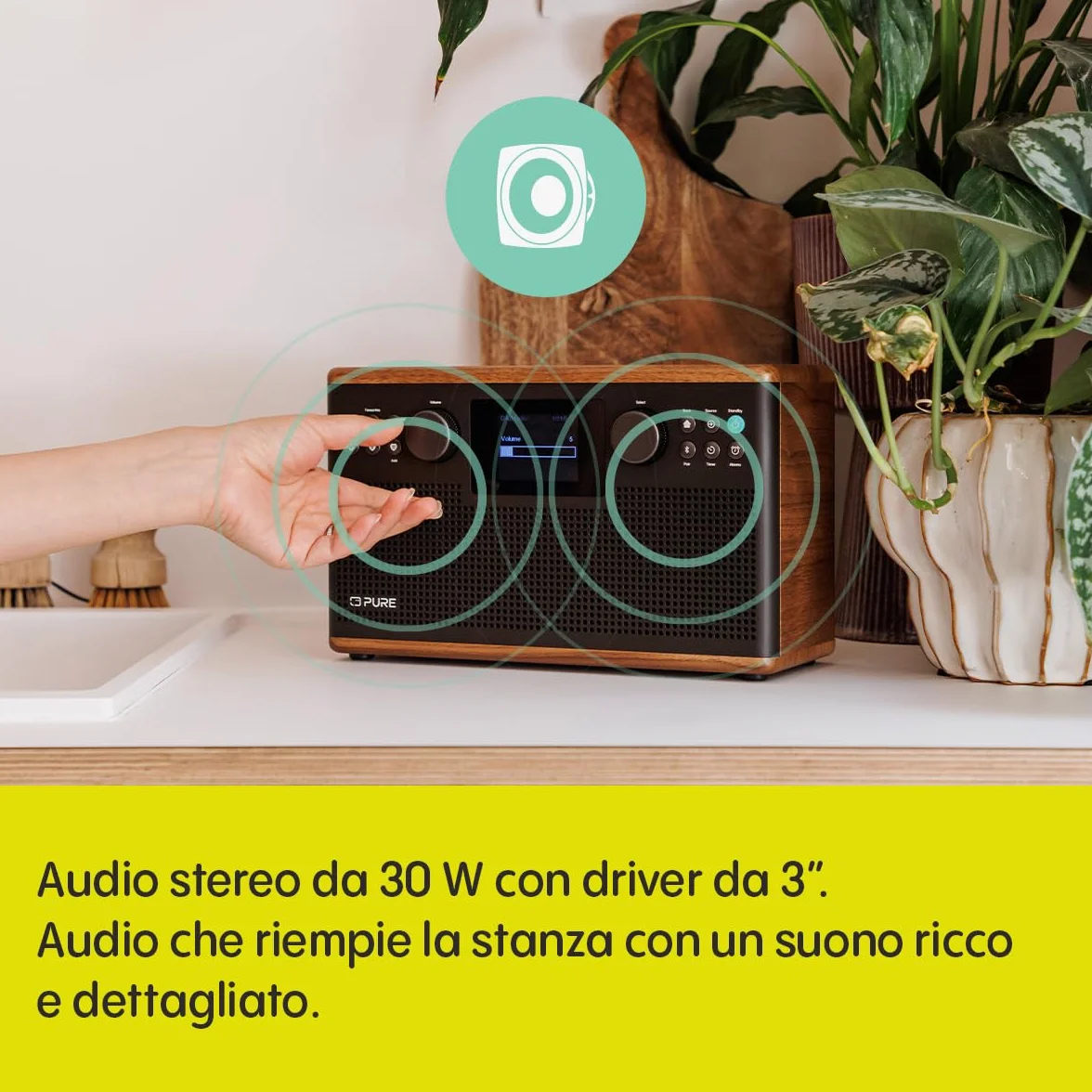 Pure Classic H6 Radio Estéreo Digital con DAB+, FM, Bluetooth 5.3, Pantalla TFT 2,4", 2×15 W, Marrón Café/Nogal
