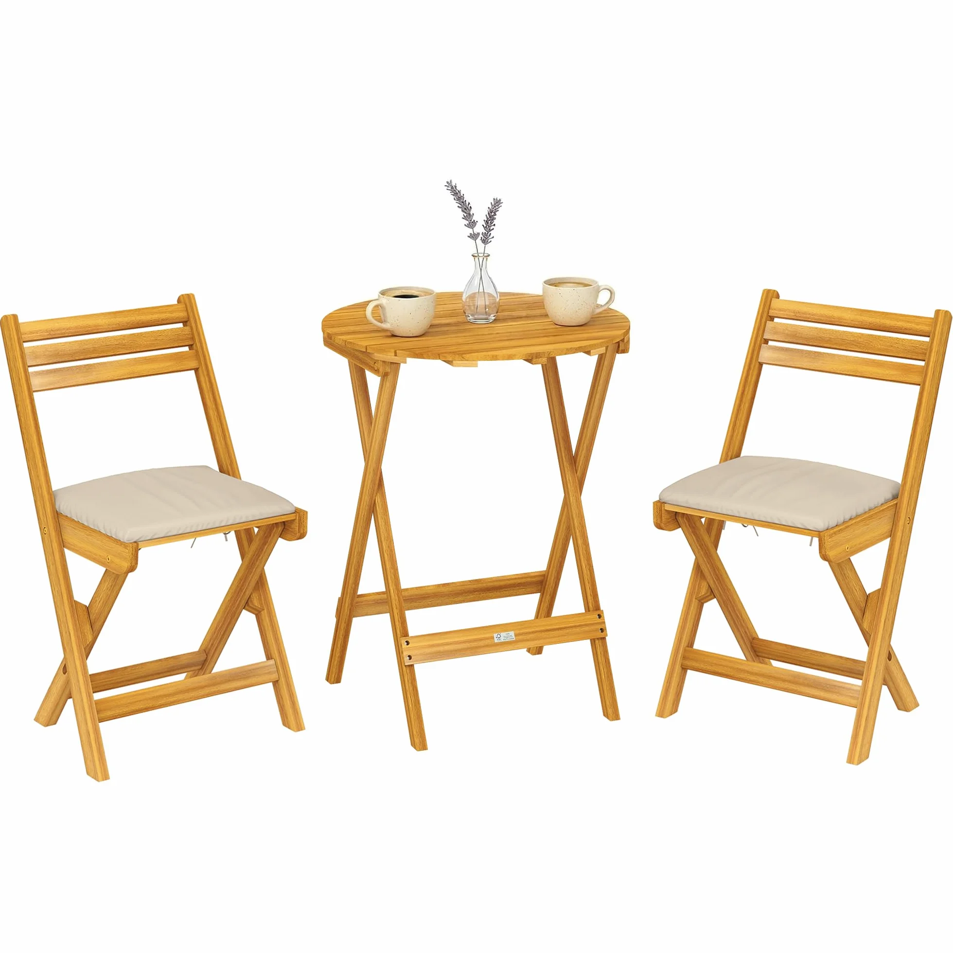 Outsunny Set da Bistrò da 3 Pezzi Pieghevole in Legno di Acacia, Set da Giardino con 2 Sedie, Tavolino, 2 Cuscini, Schienale a Doghe, Set di Mobili da Giardino per Patio Balcone Terrazzo, Color Legno