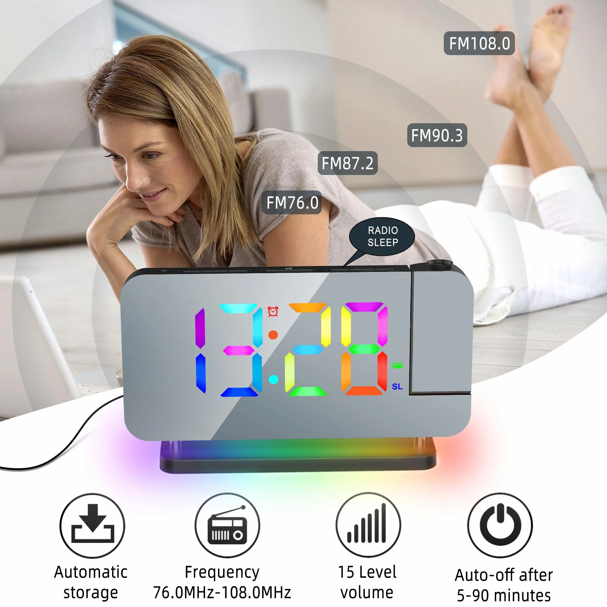 Sveglia Proiezione Specchio 11 RGB 10 Colori Luce Notturna LED Orologio da Scrivania