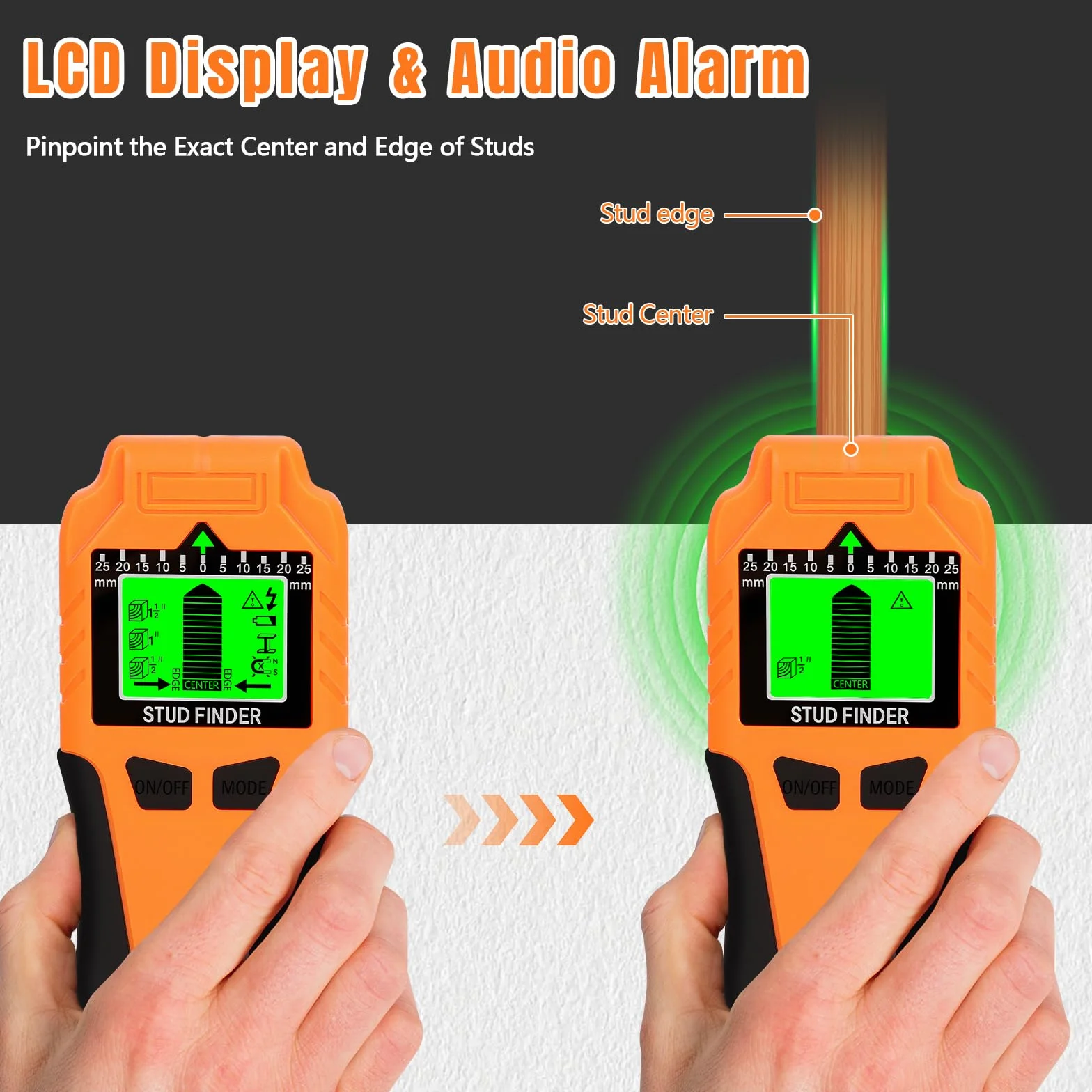 Rilevatore tubi e cavi elettrici 6-in-1 - Rilevatore Stud Avanzato con Display LCD e Allarme Sonoro, Sensore da Parete Preciso per Legno, Metallo e Fili (Arancione)