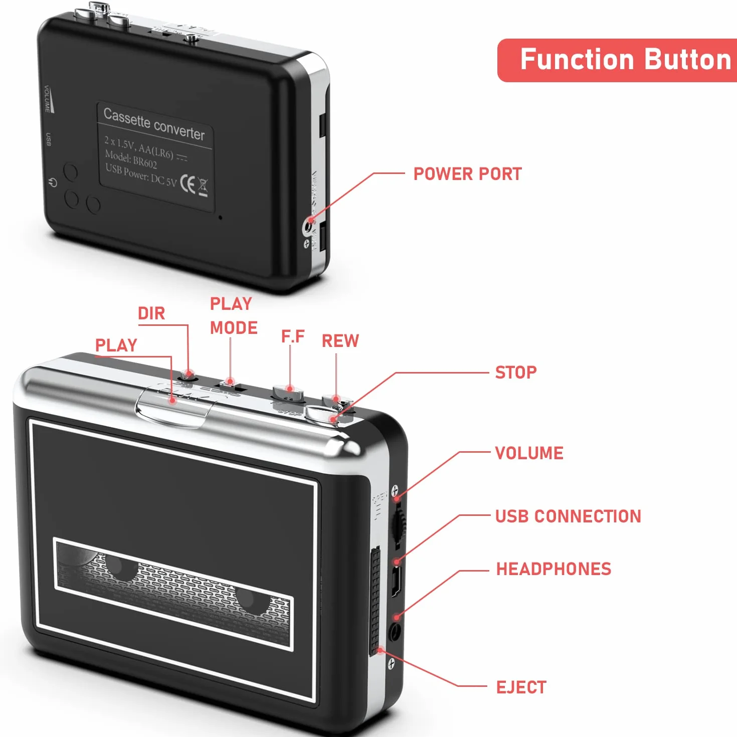 Lettore di cassette retrò USB per digitalizzazione e registrazione audio, compatibile con laptop e PC