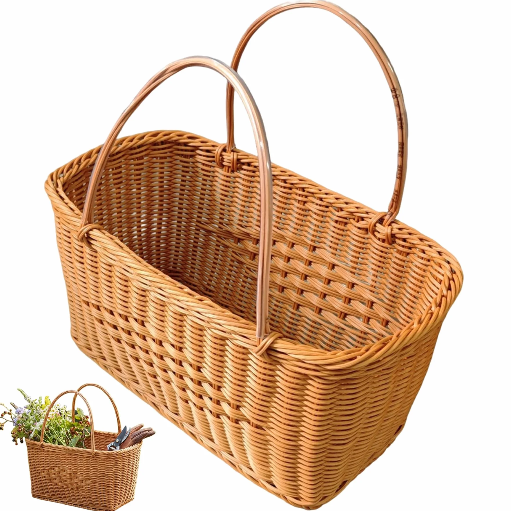 Cestino da picnic in vimini, cestino in vimini con manico per mercato e picnic, borsa per la spesa decorativa intrecciata plastica riutilizzabile con doppi manici (marrone)