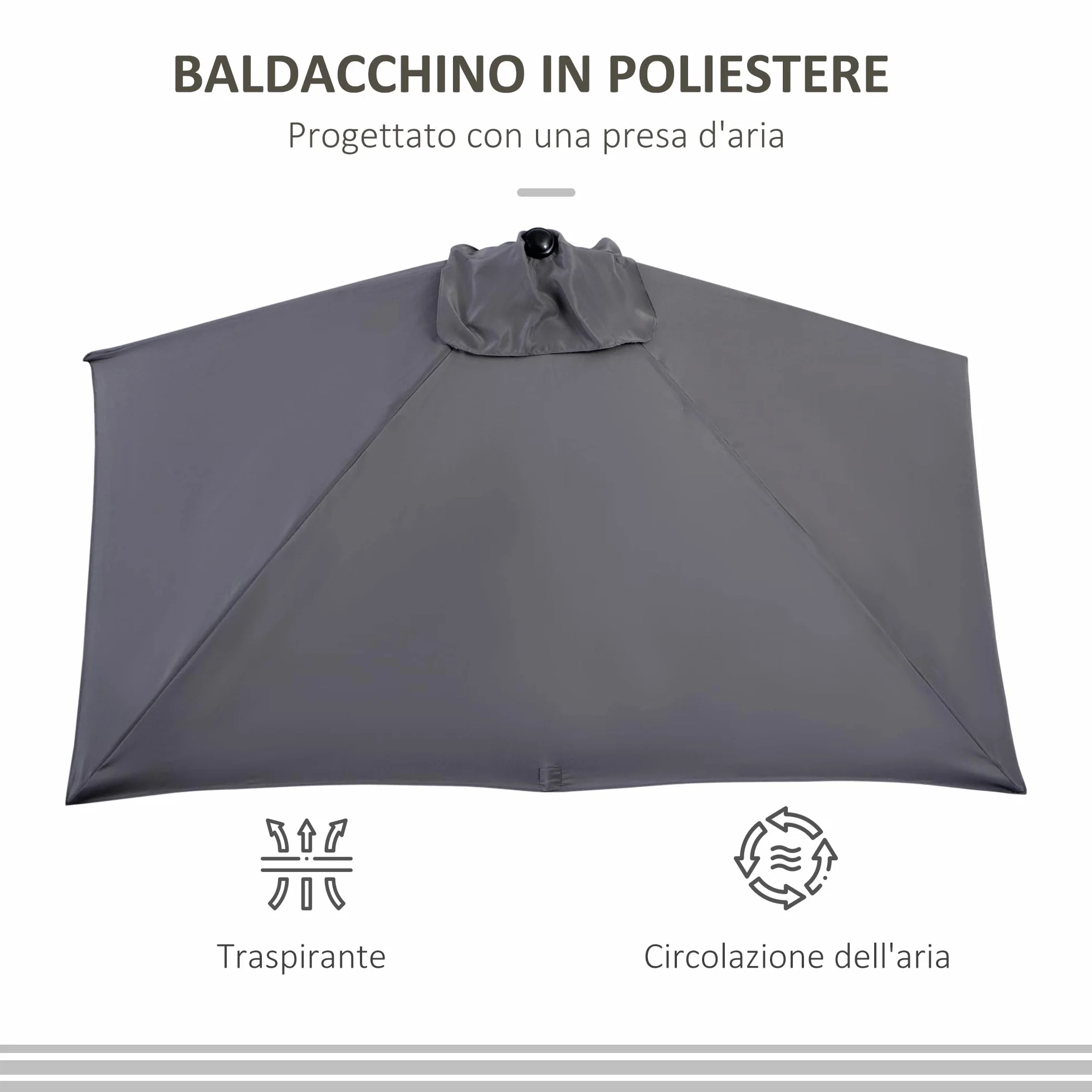 Outsunny Ombrellone Mezzaluna da Parete e Muro 2.3x1.3 m con Apertura a Manovella, Ombrellone da Giardino con 5 Stecche in Metallo e Poliestere 180g/㎡, Anti UV, per Terrazza e Balcone