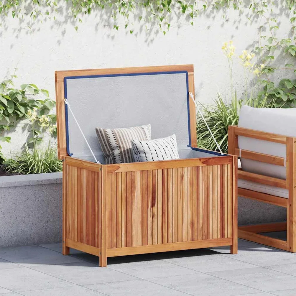 ACAGALA Scatola da giardino in legno, 90 x 50 x 58 cm, con tasca interna impermeabile e prese d'aria, per terrazze, giardino, balcone, legno massiccio teak