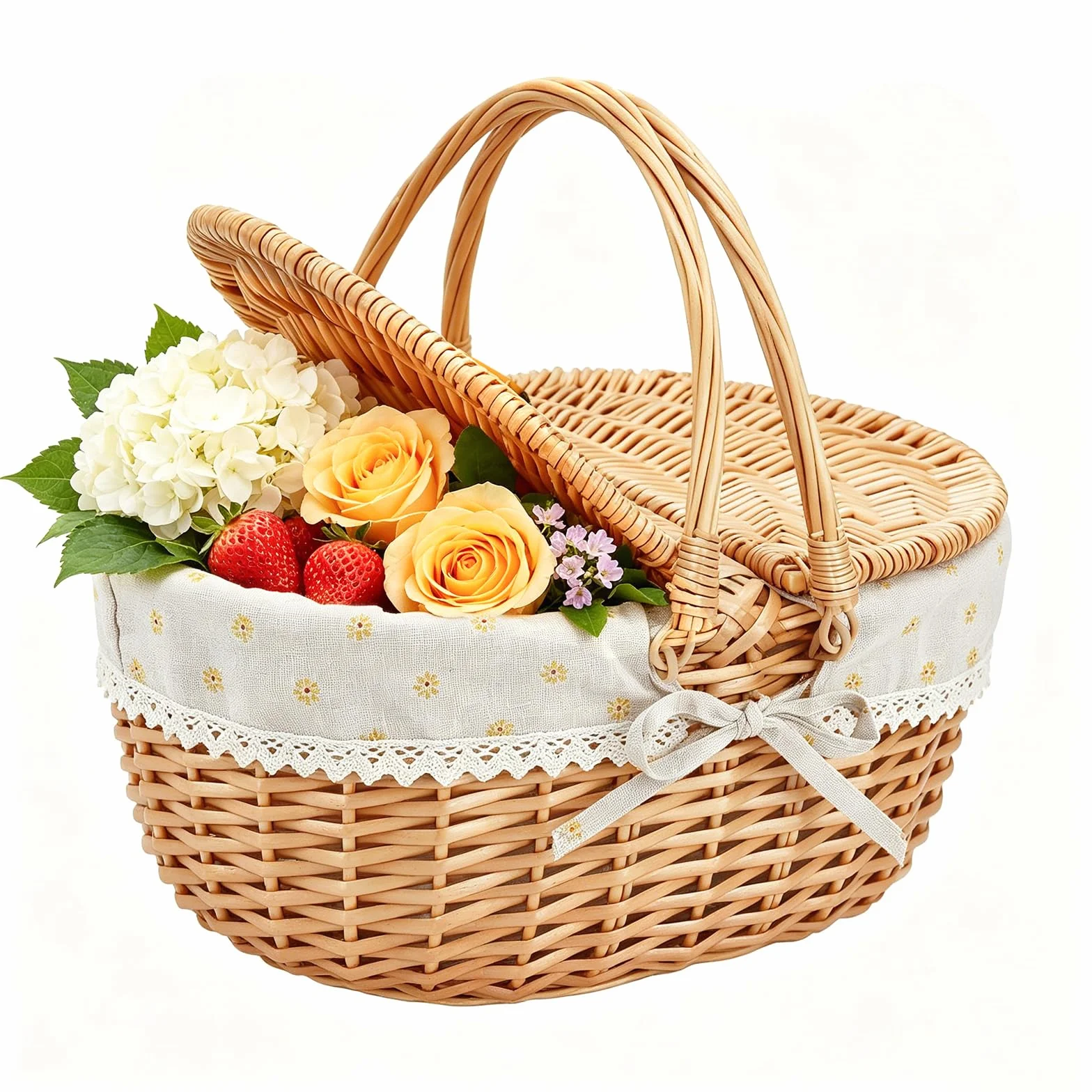 Cestino Vimini, Cestino Picnic con Coperchio, Cestino Pic Nic Con Manico E Fodera, Cesto Picnic Per Picnic, Campeggio, Raccolta Di Verdure (Giallo)