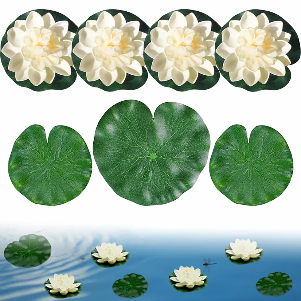 7 Pezzi Fiori di Loto Galleggianti, Fiore di Loto Foglie di Loto Set Decorazione per Laghetto All'aperto Fogliame e Fiore Galleggiante per la Decorazione dello Stagno Dell'acquario