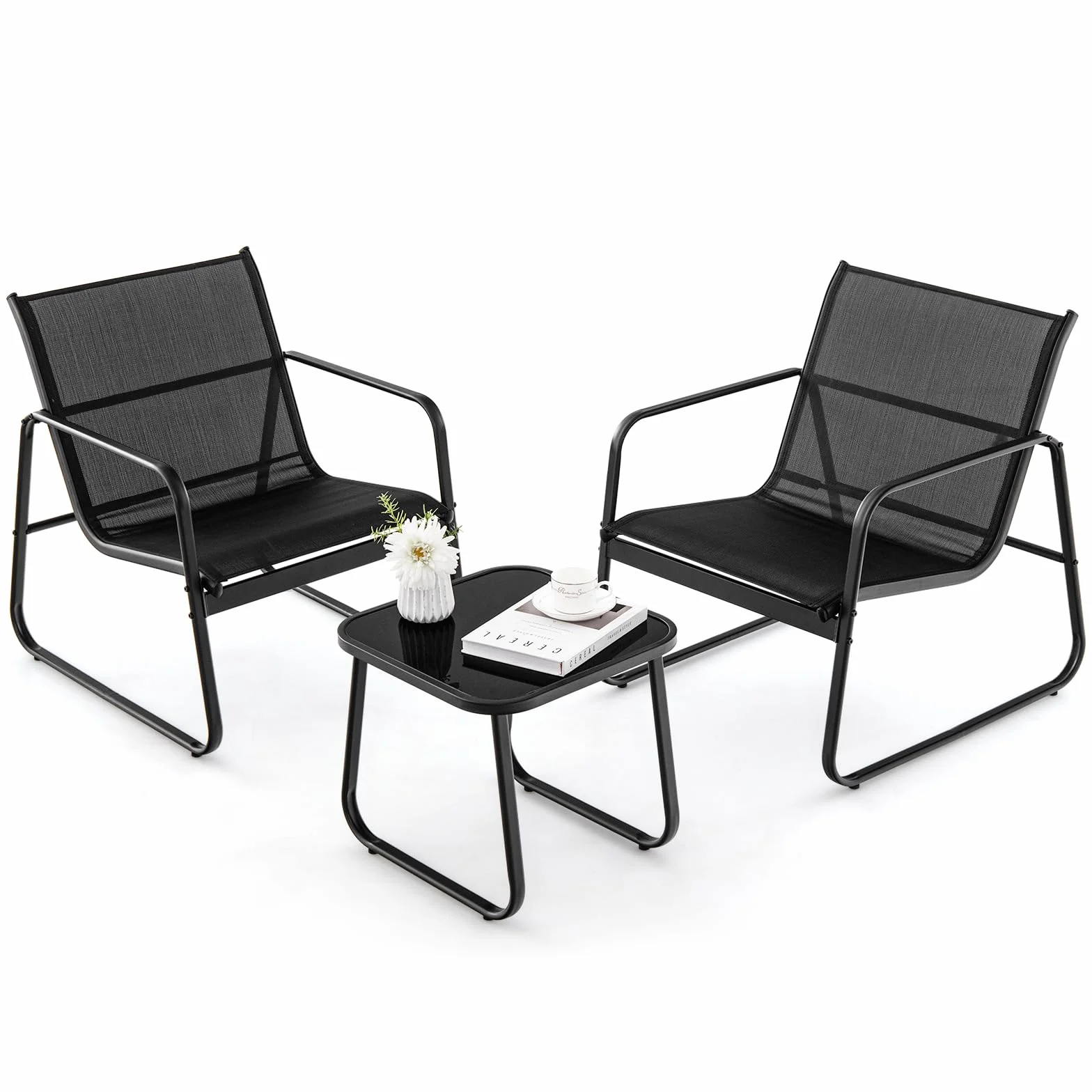 COSTWAY Set Tavolino e Sedie da Giardino, Set Bistrò 3 Pezzi, Set da Giardino in Metallo e Tessuto Textilene, Tavolino in Vetro Temperato, per Giardino, Cortile, Bordo Piscina (Nero)