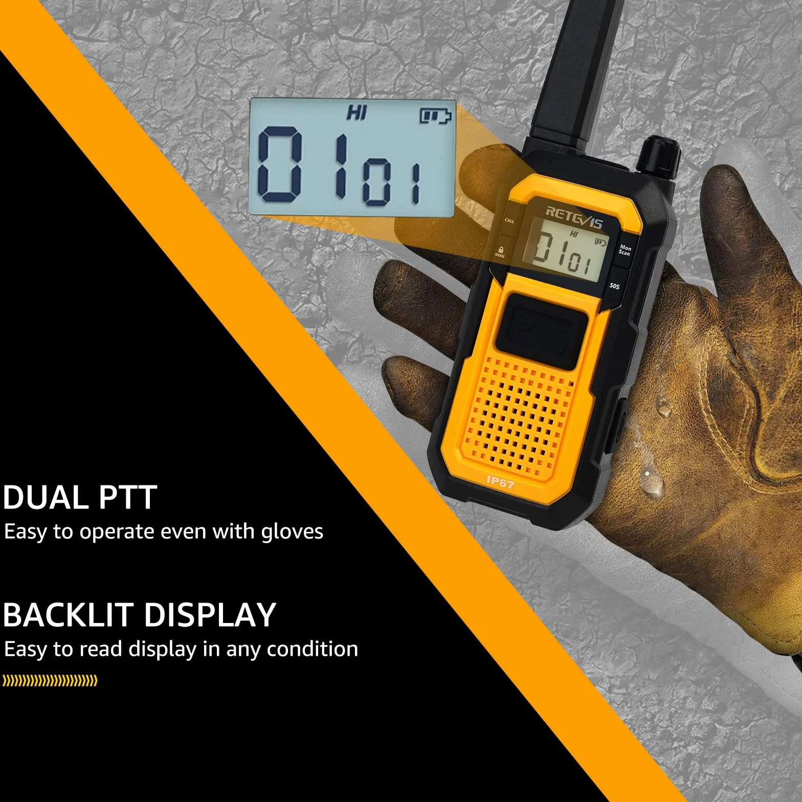 Retevis RB648 Walkie Talkie Robusto, Radio Bidirezionale Impermeabile IP67, 2000mAh Ricaricabile, Doppio PTT, 4 Pezzi Giallo