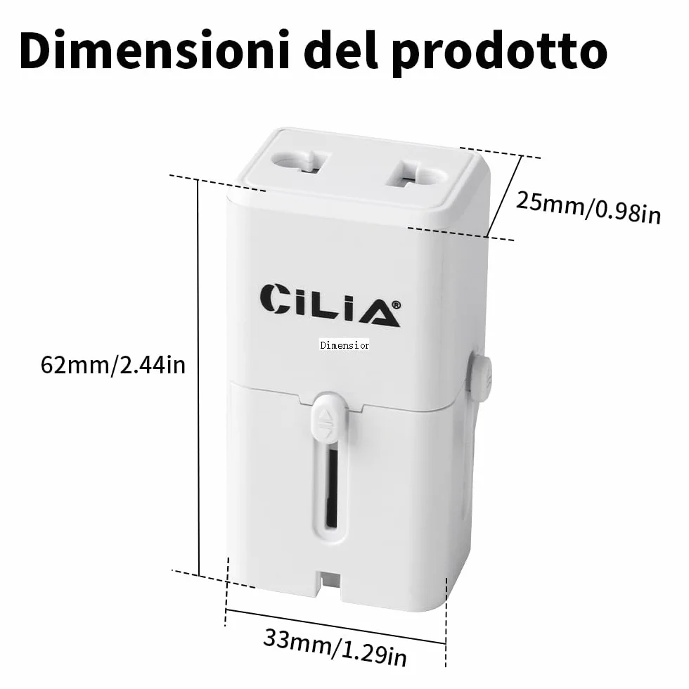 CILIA Adattatore Universale da Viaggio Presa Internazionale 150+ Paesi Spine US/UK/EU/AUS Compatto Bianco 2PCS