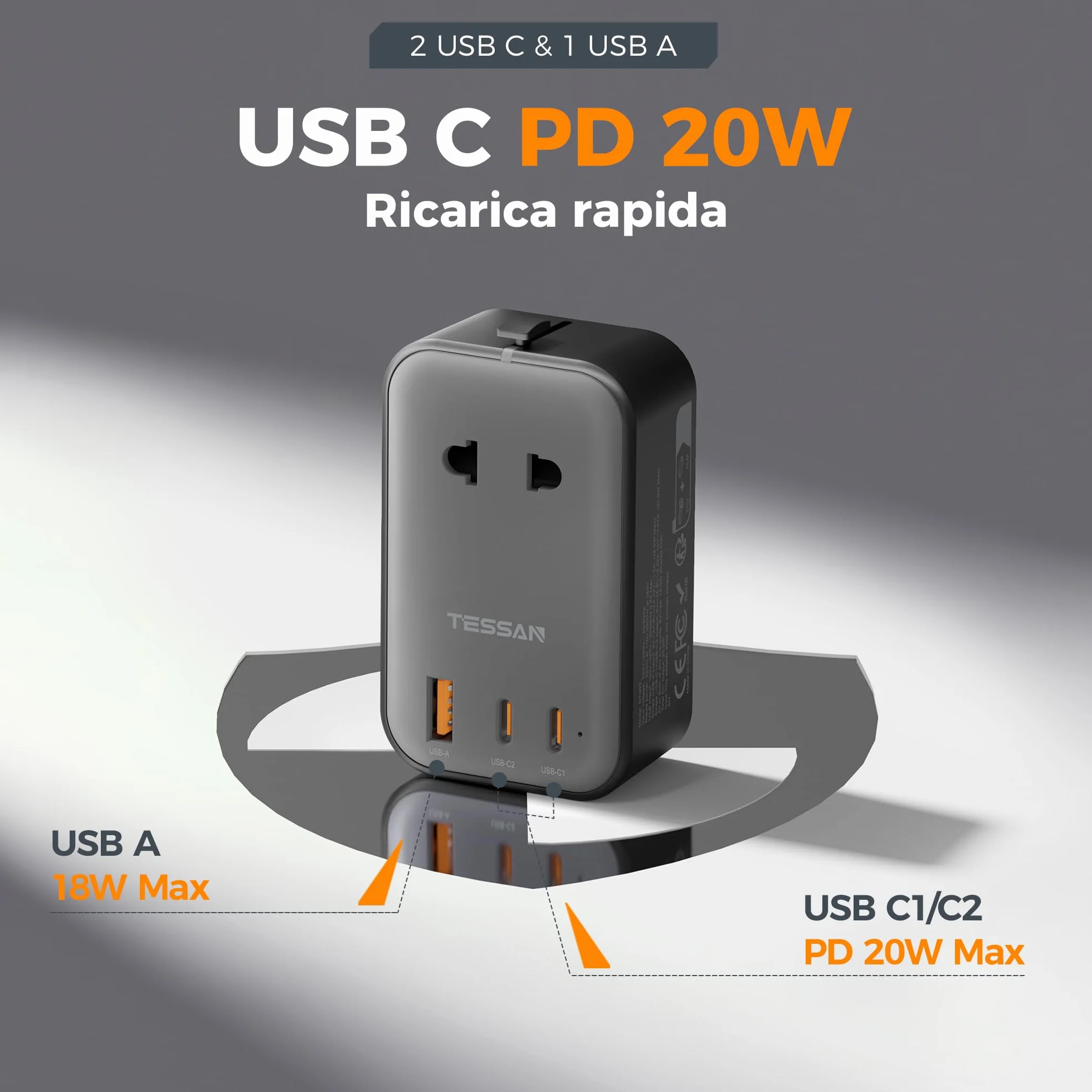 TESSAN Adattatore Universale da Viaggio con 2 USB C PD 20W e 1 USB A, Worldwide Travel Adapter per Presa Inglese Americana Australia Thailandia Giappone