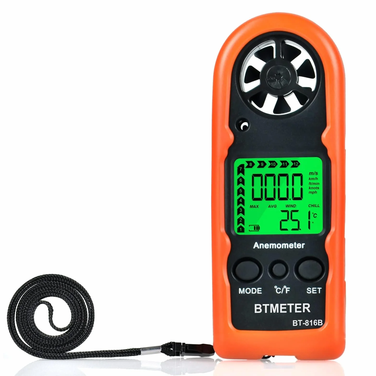 Anemometro Portatile BTMETER BT-816B Misuratore Digitale Velocità Vento Termometro Retroilluminato Temperatura Drone Tiro HVAC CFM Precisio +/- 5% 2℃