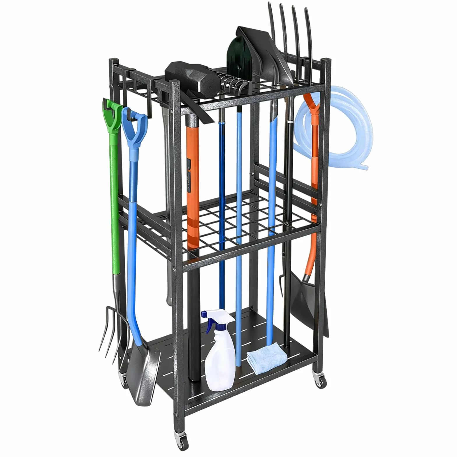 Organizer per attrezzi da giardino con 4 ganci, in metallo, per scope, rastrello, pala, attrezzi da giardino, per garage e garage, organizer da giardino (nero, 42 x 30 x 80 cm)