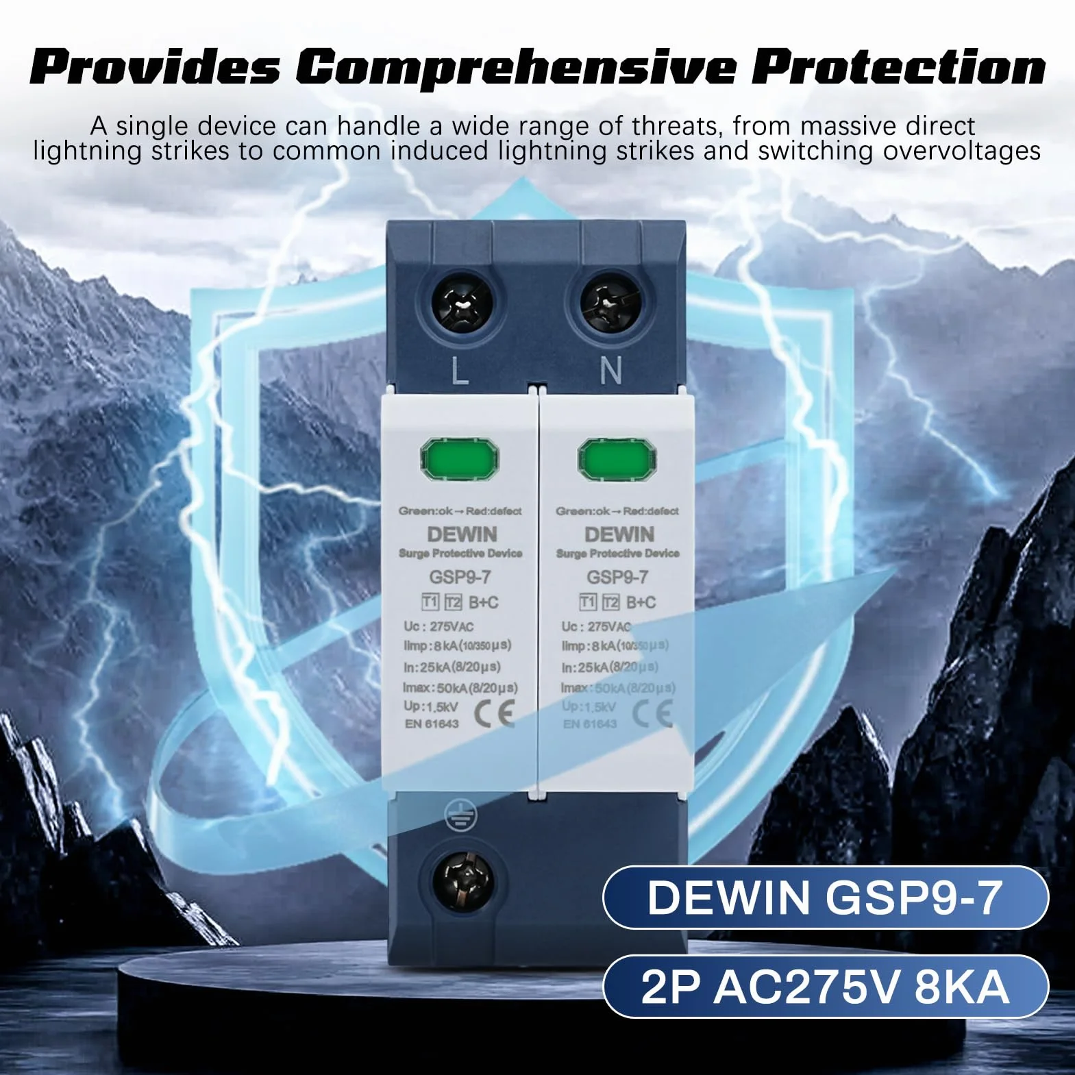 DEWIN Scaricatore di Sovratensione 2P AC 275V 25KA~50KA Dispositivo Protezione Fulmini Bassa Tensione
