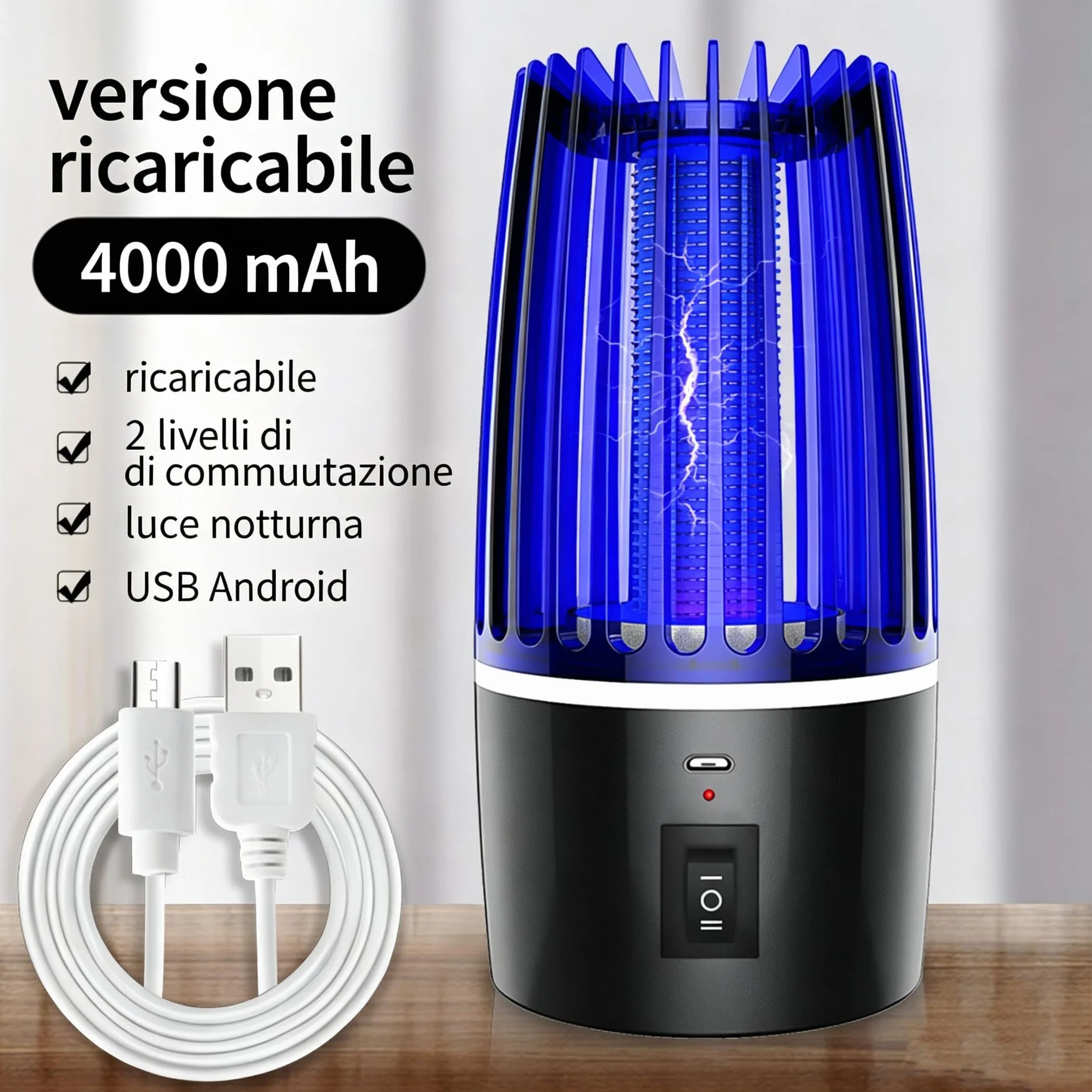 Zanzariera Elettrica 360° UV 365nm, Lampada Antizanzare Ricaricabile 4000mAh USB, Silenziosa <35dB con Luce Notte, Dispositivo Anti-Zanzare Senza Chimici per Interni Esterni