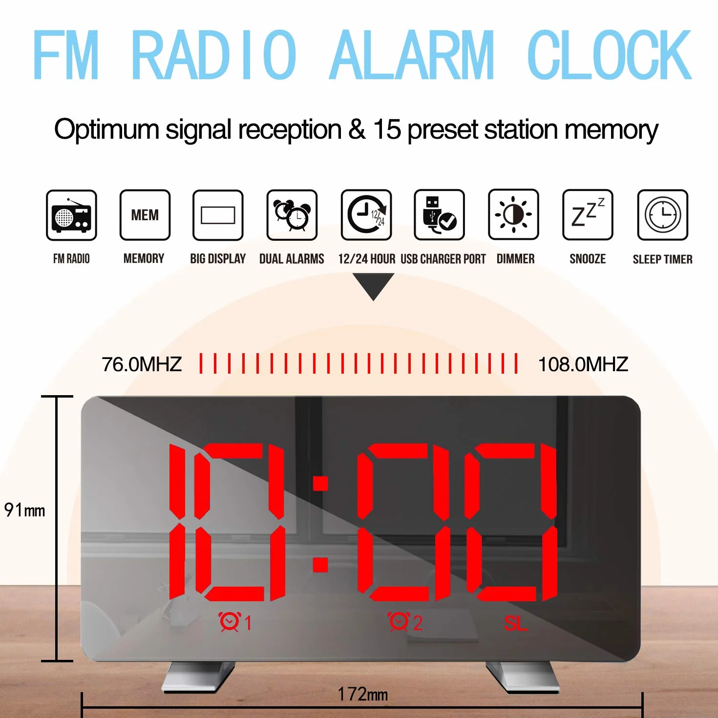 ThreeH Orologio Digitale Radiofonico 7,3 Pollici LED Caricatore USB Sveglia Rosso