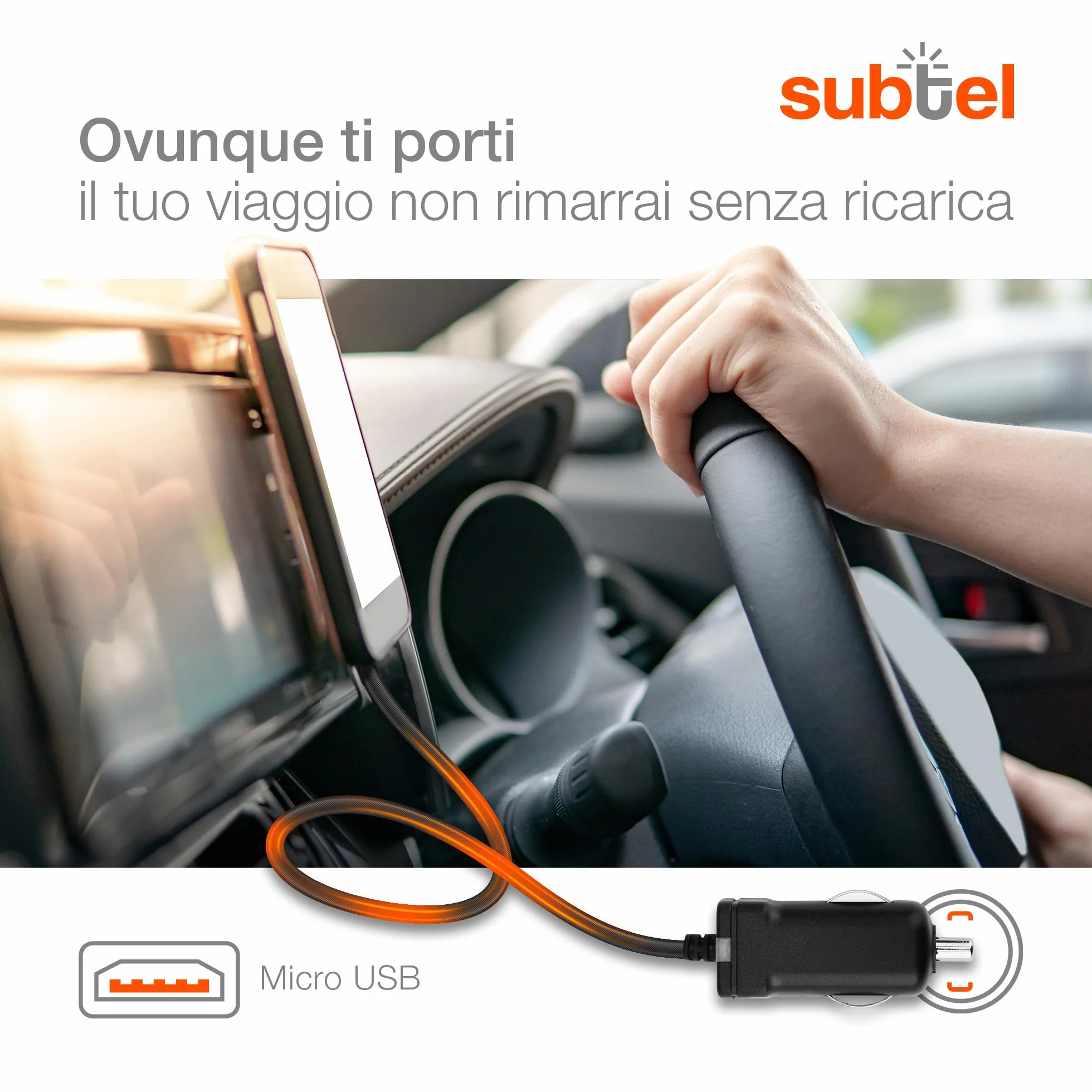 Subtel Caricatore Micro-USB 90° da Auto 1.1m 1A 5V per Navigatore GPS