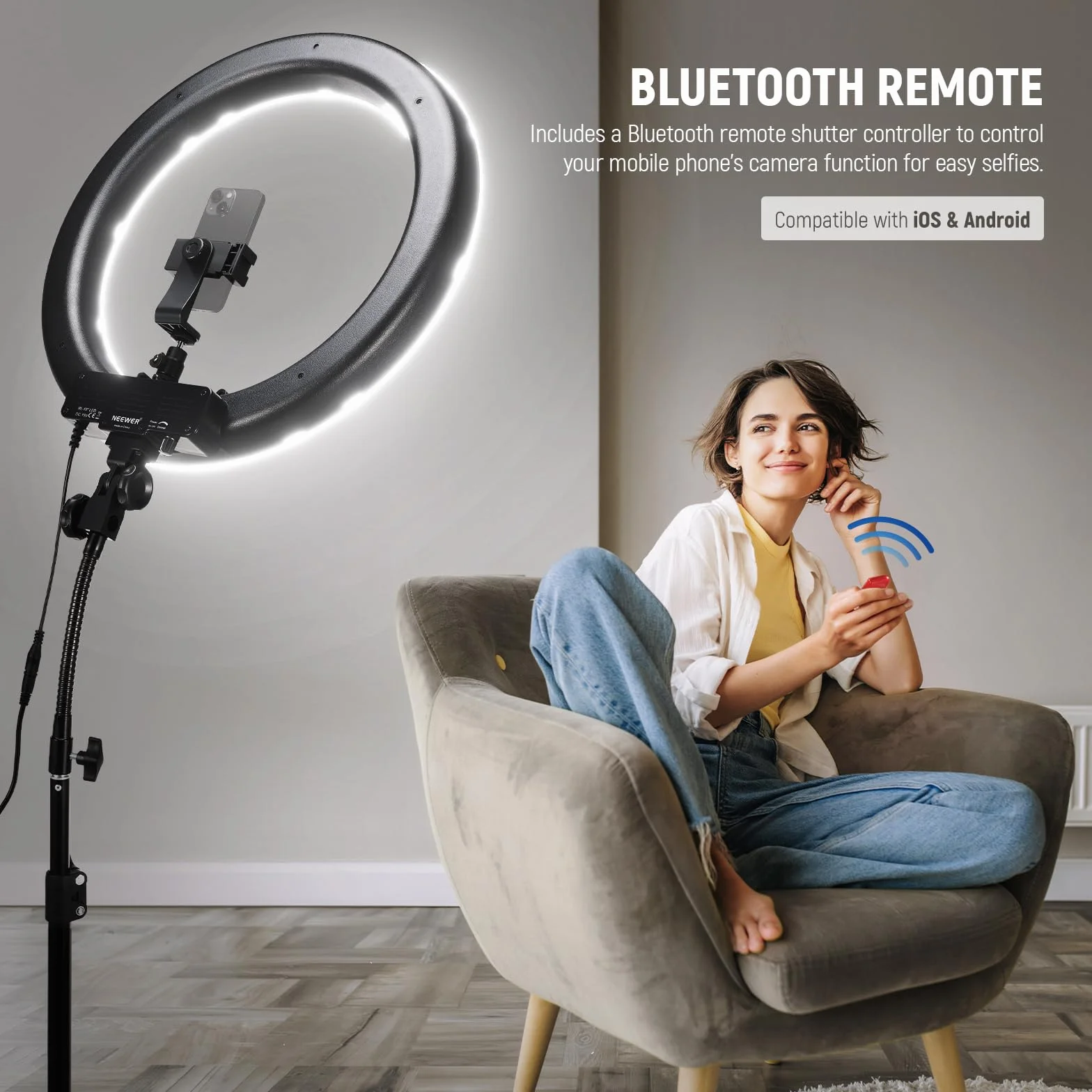 NEEWER Luce ad Anello LED 48cm 55W 5600K Dimmerabile con Stativo Bluetooth per Smartphone