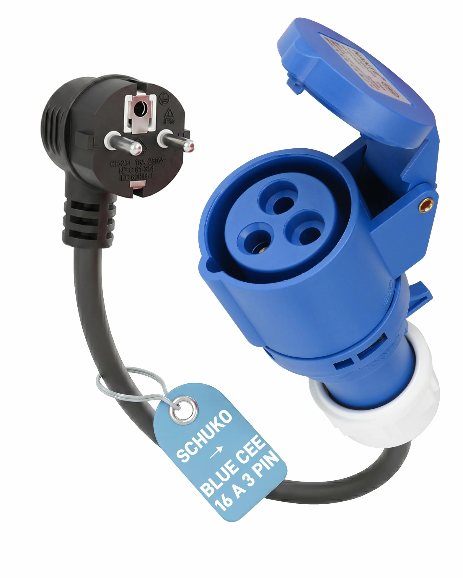 Adattatore CEE Spina Schuko a Presa CEE Blu 16A 3 Poli (50 cm, IP44, Max 16A, 3G2,5 mm²) - per Caricatori per Auto Elettriche, Wallbox Portatili e Stazioni di Ricarica Mobili da 3,7 kW