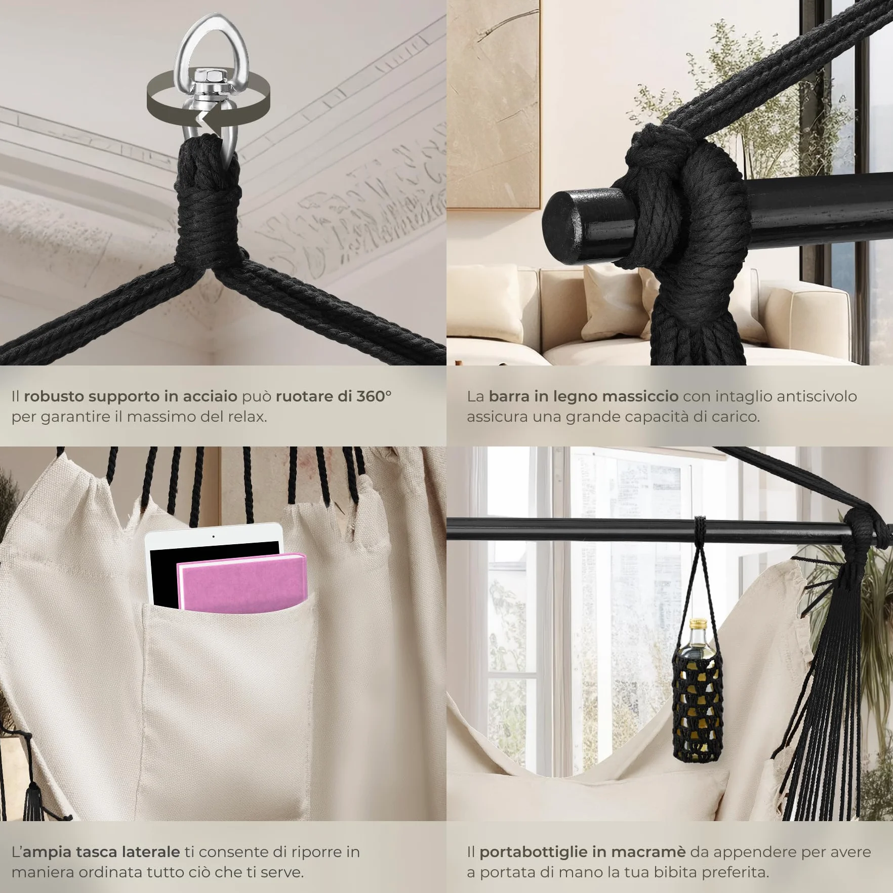 tectake® Poltrona Sospesa Malika, Stile Bohemien, Tessuto Misto Cotone-Poliestere Traspirante, Cuscini Extra Spessi, Scomparto per Libri, Appoggio per Bibite Regolabile, Carico Massimo 150kg - Beige