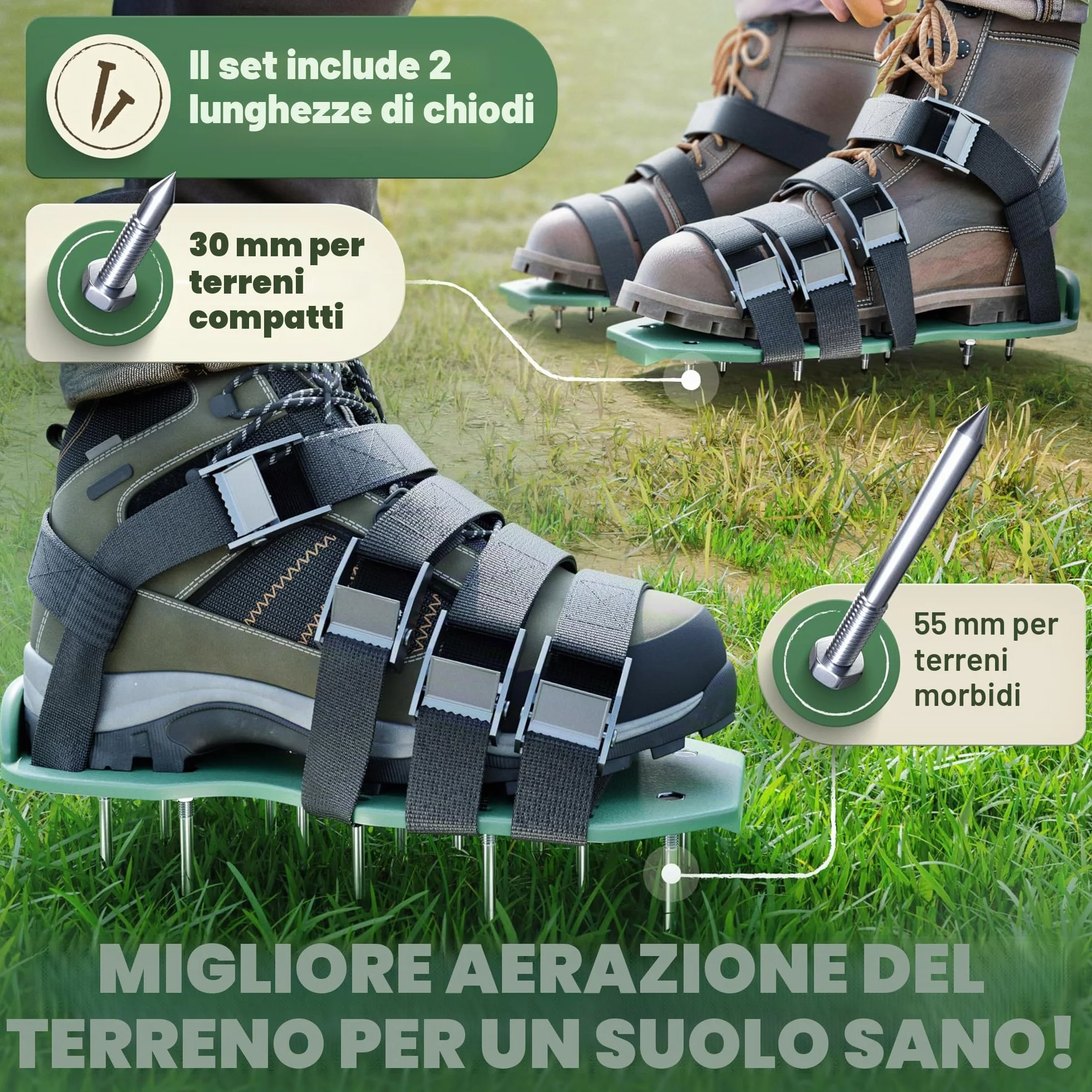 LAINFELD Aeratore per prato | Scarpe per unghie con chiodi corti e lunghi | Aeratore per prato con 4 cinghie | scarificatore per prati | Aerifizzatori scarpe da giardino