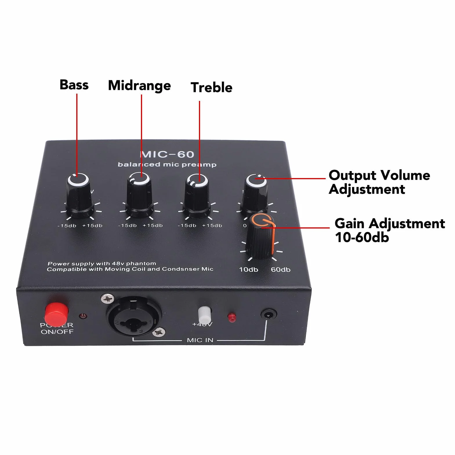 Preamplificatore Microfono XLR Ad Alto Guadagno, Mic Booster Dinamico e Condensatore per Registrazione Studio Streaming