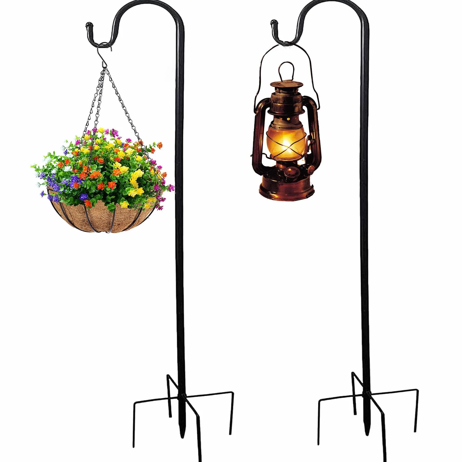 Gancio per pastore da giardino in metallo 96cm con gancio per fioriera lanterne luci decorazioni 2 Nero