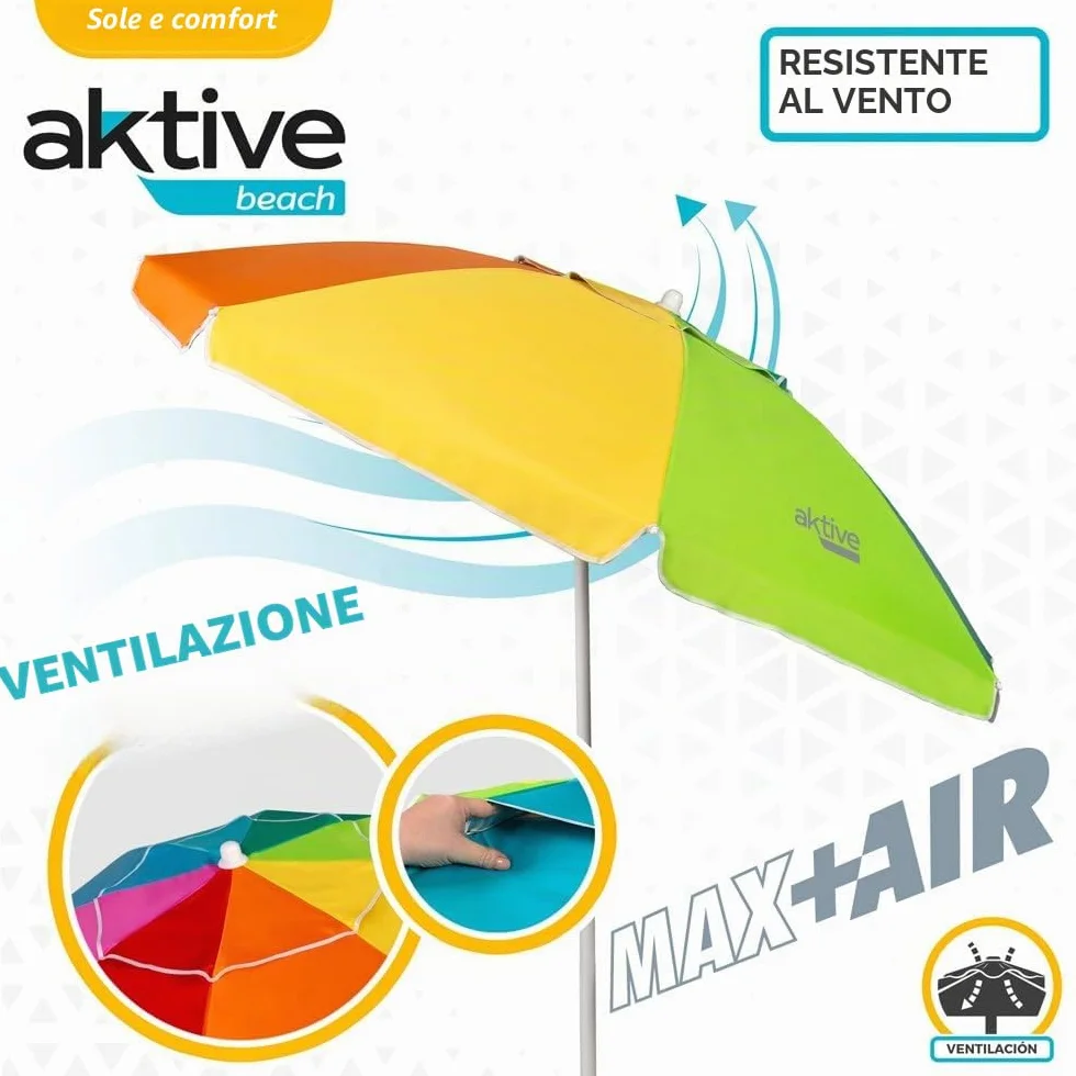 AKTIVE Grande ombrellone da spiaggia Ø200 cm antivento UV 50 palo 28-32 mm flessibile borsa