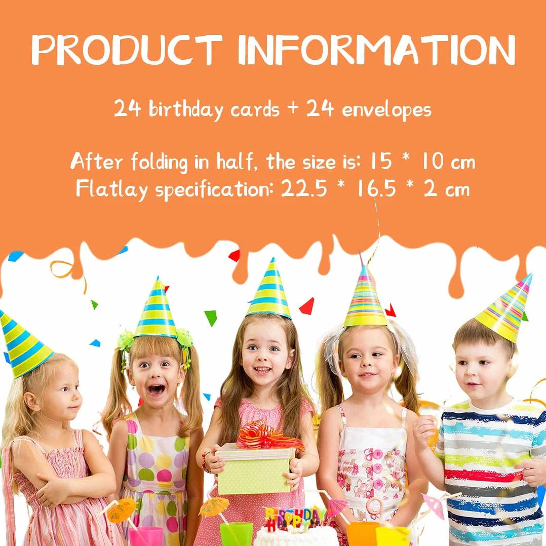 24 Pezzi Biglietti Auguri Compleanno con Busta per Famiglia Bambini Amici