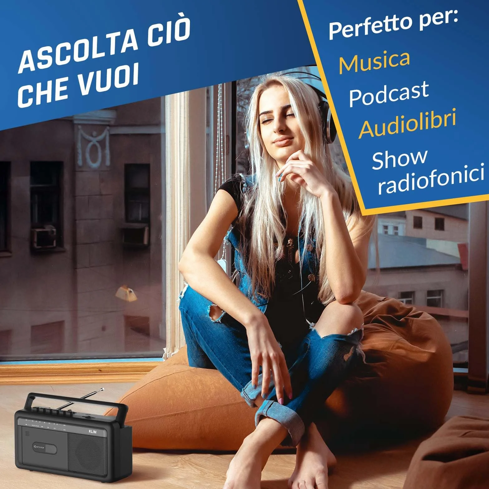 KLIM Lettore Cassette Audio Boombox Radio AM/FM Bluetooth Registratore a Cassette USB Altoparlante Portatile Retrò Nero