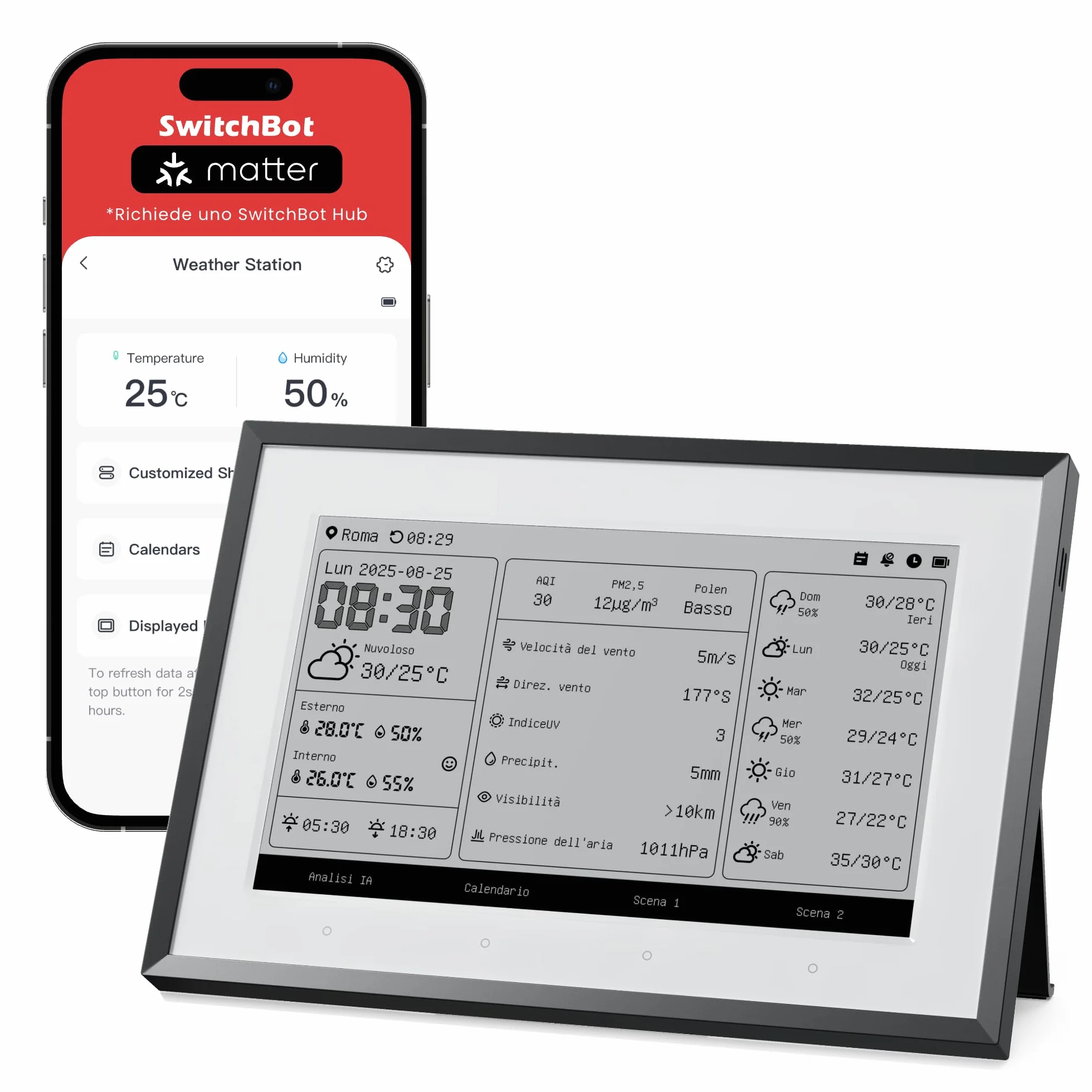 SwitchBot Stazione meteo intelligente, monitor wireless da 7,5", per temperatura interna/esterna e umidità con calendario elettronico, compatibile con Google, iCloud, Outlook, Yahoo