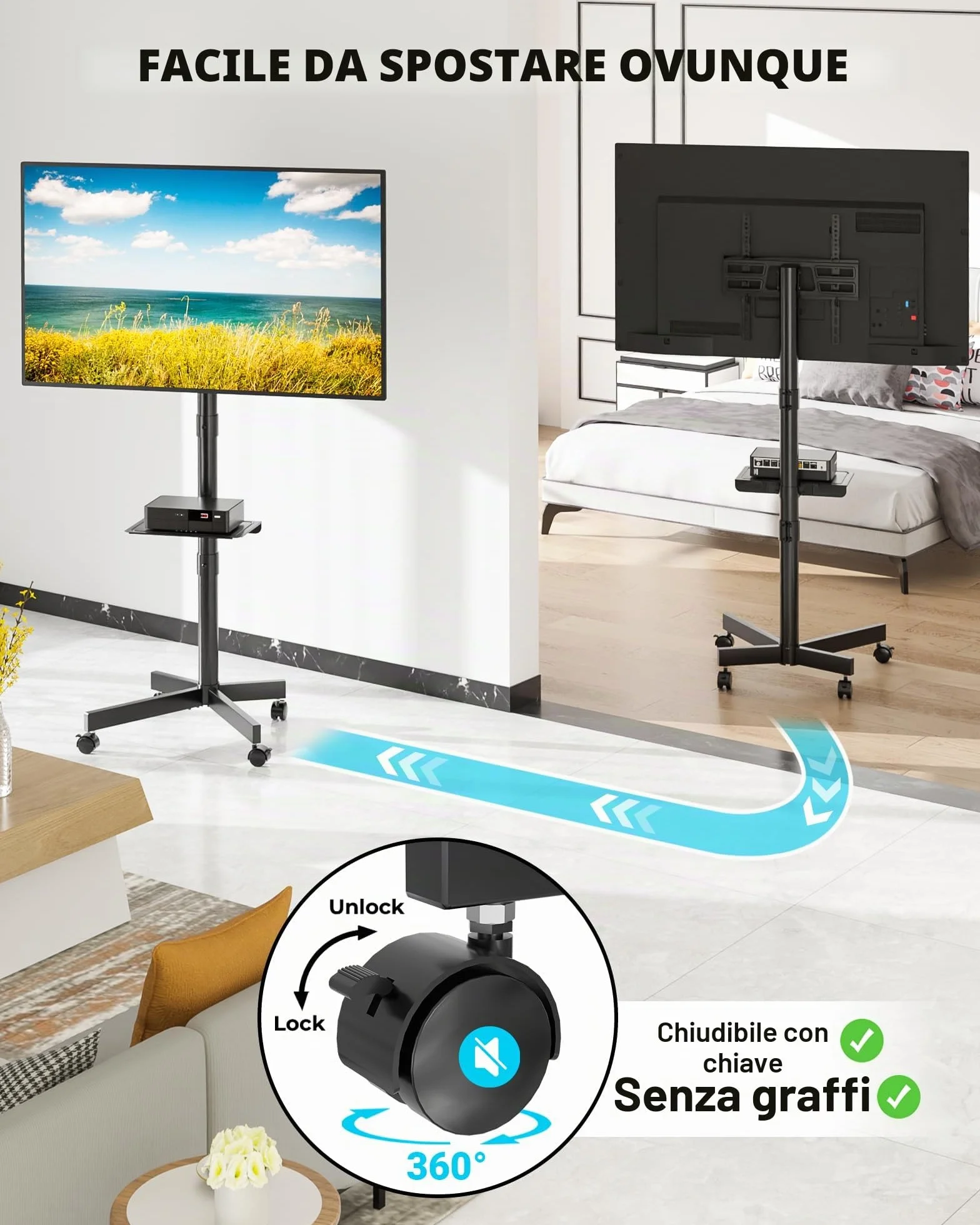 BONTEC Supporto TV da Pavimento, Carrello Inclinabile per TV da 23 a 60 Pollici, Fino a 40 kg, VESA 400x400 mm