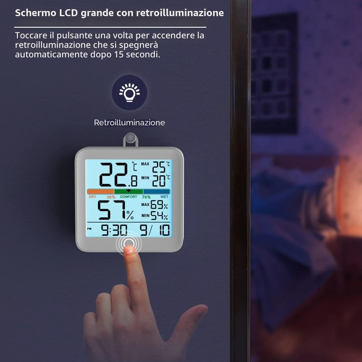 NOKLEAD Igrometro Termometro per interni Misuratore di umidità digitale LCD retroilluminato con orologio Registrazioni max/min