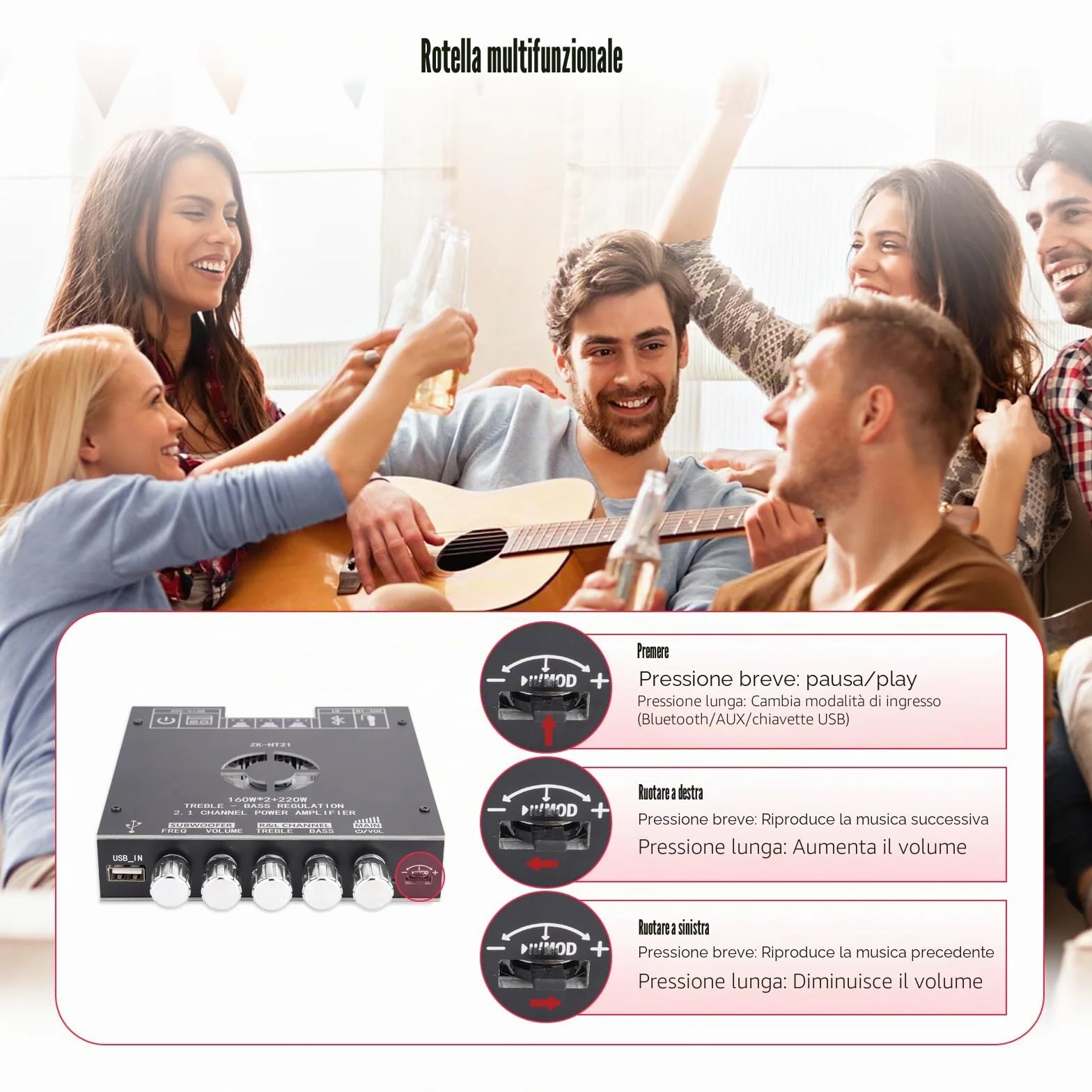 Modulo amplificatore HiFi 2.1 canali Bluetooth 160W x2 + 220W subwoofer TDA7498E ZK-HT21