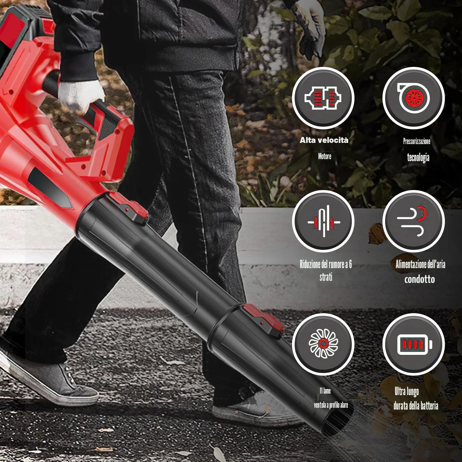 Soffiatore batteria 21 V, soffiatore di foglie senza fili con batteria e caricabatterie, 6 velocità, 210 km/h, soffiatore a foglia potente per giardino, manutenzione del prato e rimozione della neve