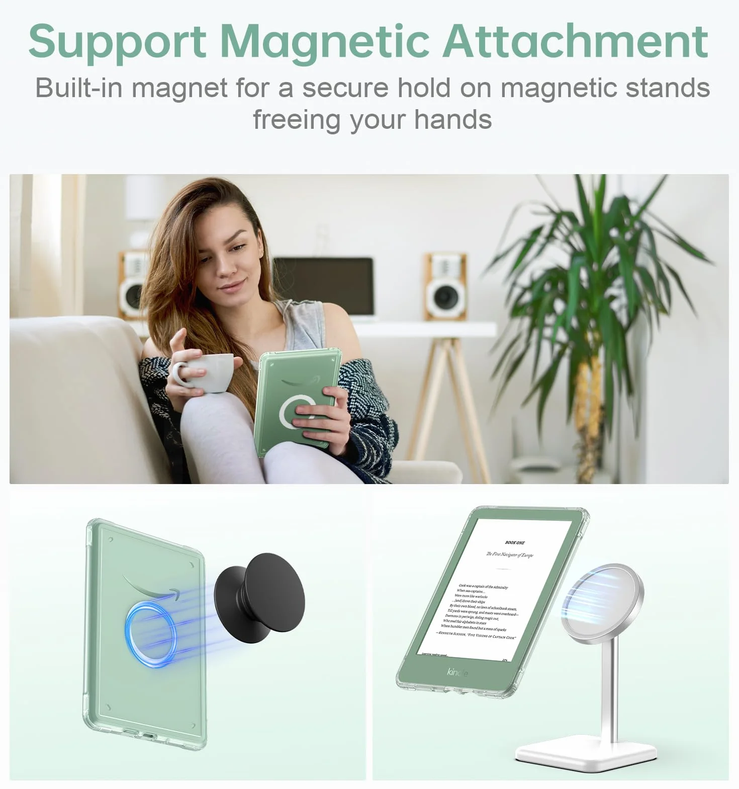 MoKo Custodia Girevole a 360° per Kindle 6" (11a Generazione), Retro Trasparente Cover Magnetica Staccabile, Verde Matcha