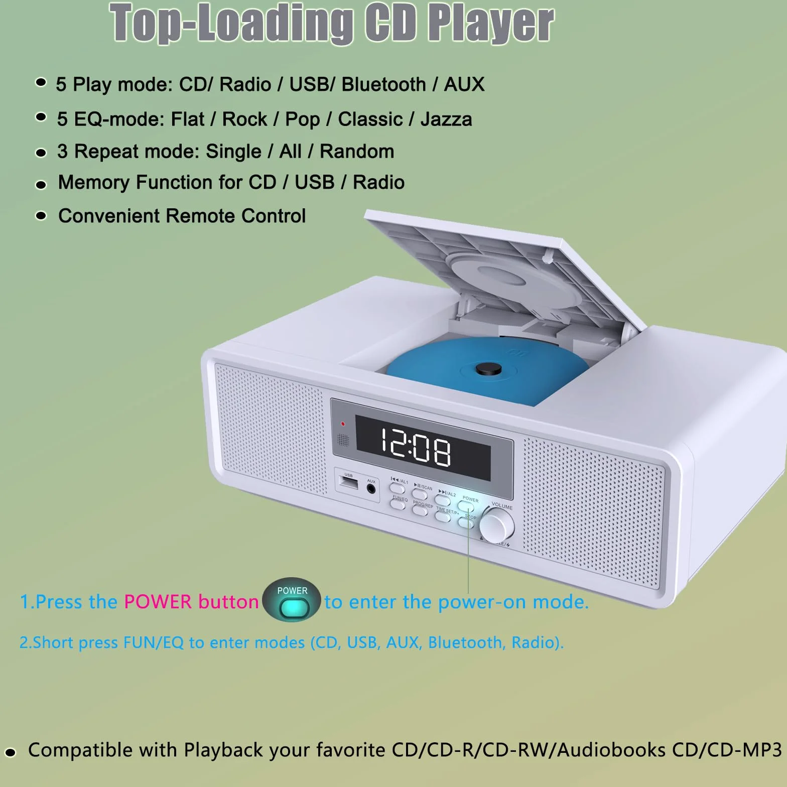 Radio Compatta con Lettore CD, Sistema Audio 20 W RMS, Bluetooth, USB, MP3, AUX, Sveglia Digitale