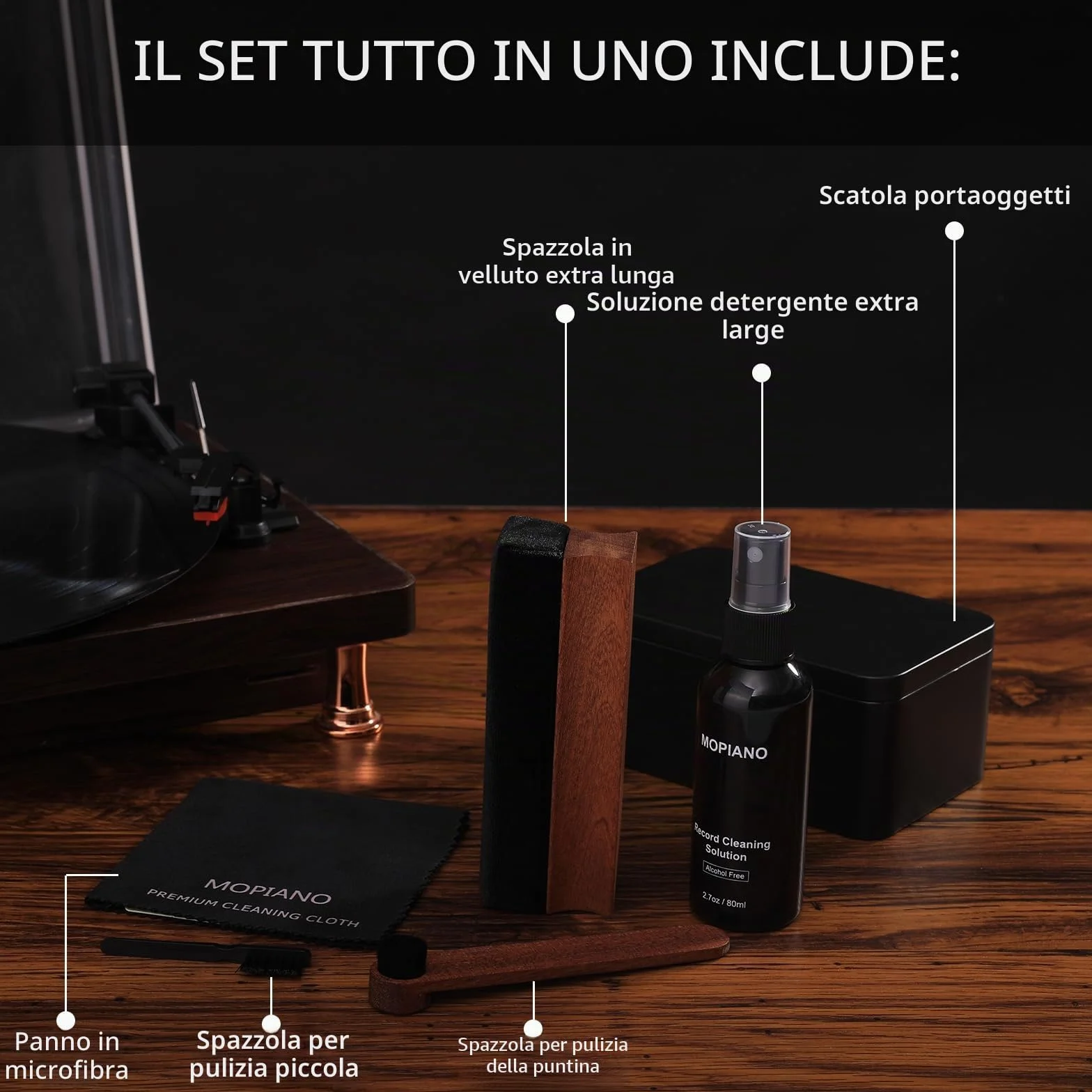 Mopiano Kit di pulizia per dischi in vinile 6-in-1 con spazzola in velluto e liquido LP