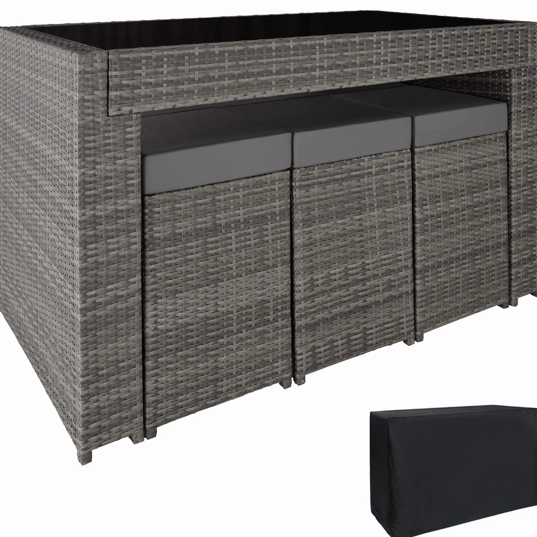 tectake® Set Tavolo e Sgabelli da Bar in Polyrattan Ibiza, Set da Bar 7 Pezzi, 1 Tavolo con Lastra in Vetro, 6 Sgabelli, Comodi Cuscini, Involucro Protettivo Incluso - Grigio