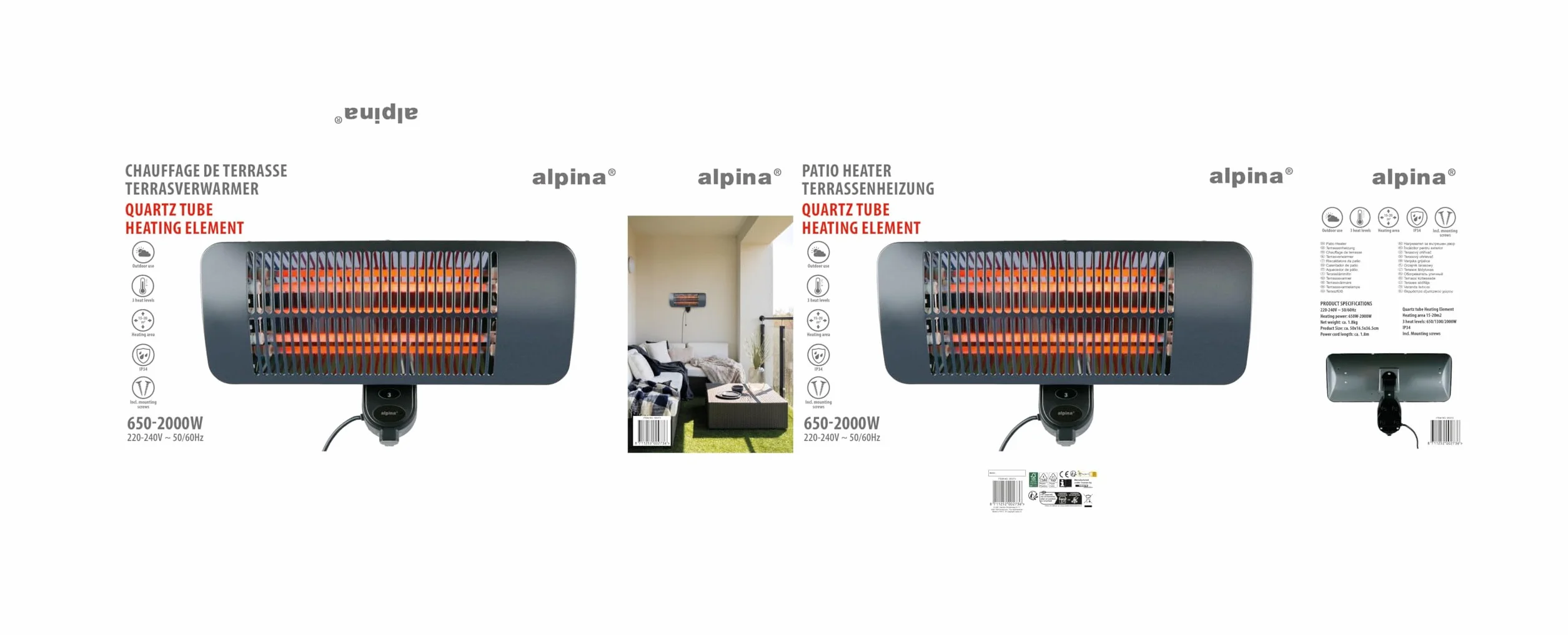 Alpina Riscaldamento a infrarossi da parete 2000 W IP34