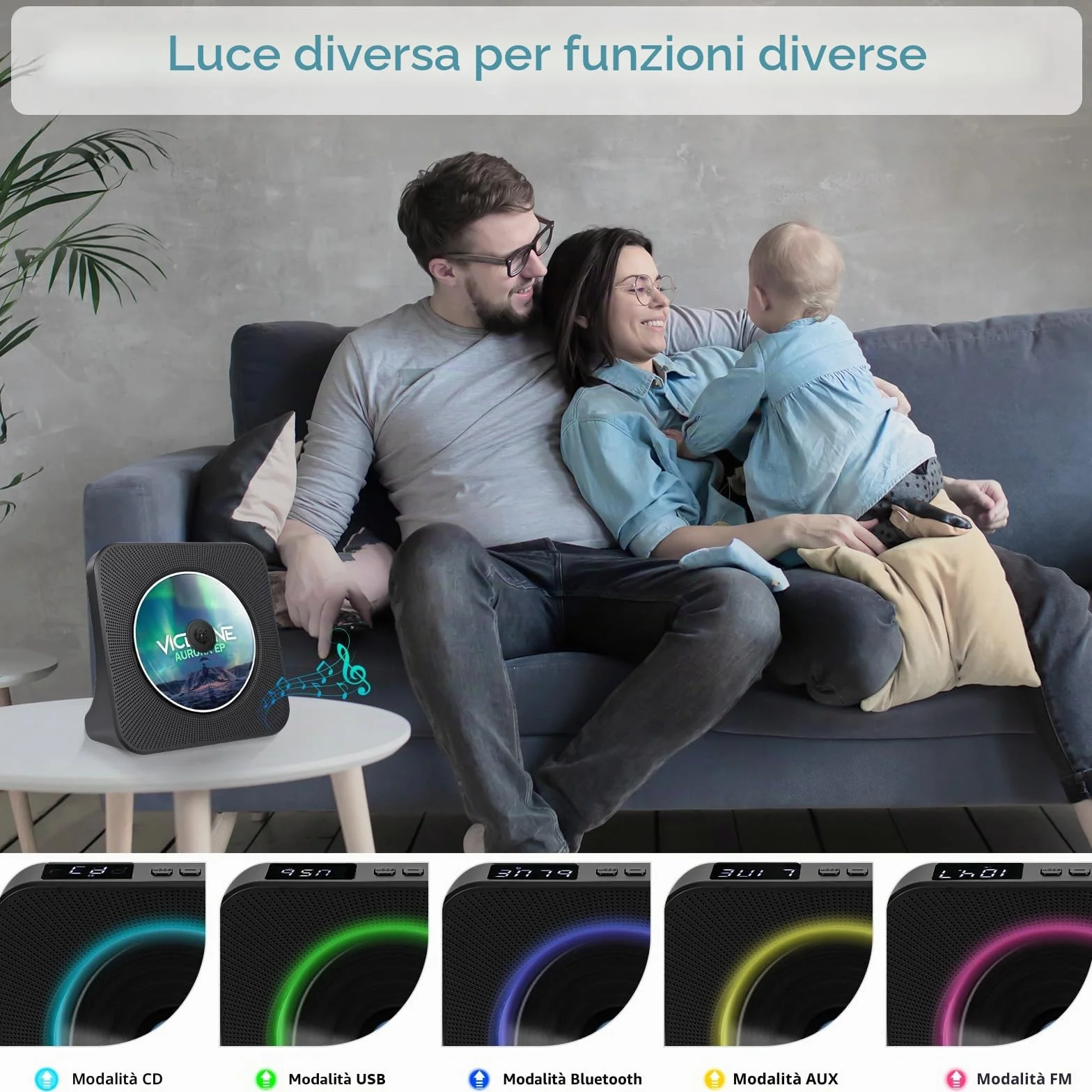 Lettore CD Bluetooth portatile con altoparlante stereo, radio FM, AUX/USB, cuffie