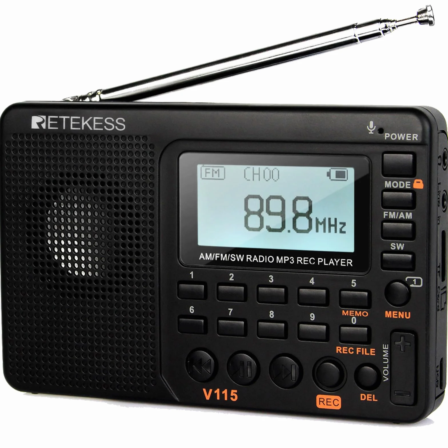 Retekess V115 Radio FM Portatile AM SW con Supporto USB AUX TF Batteria Ricaricabile Nero