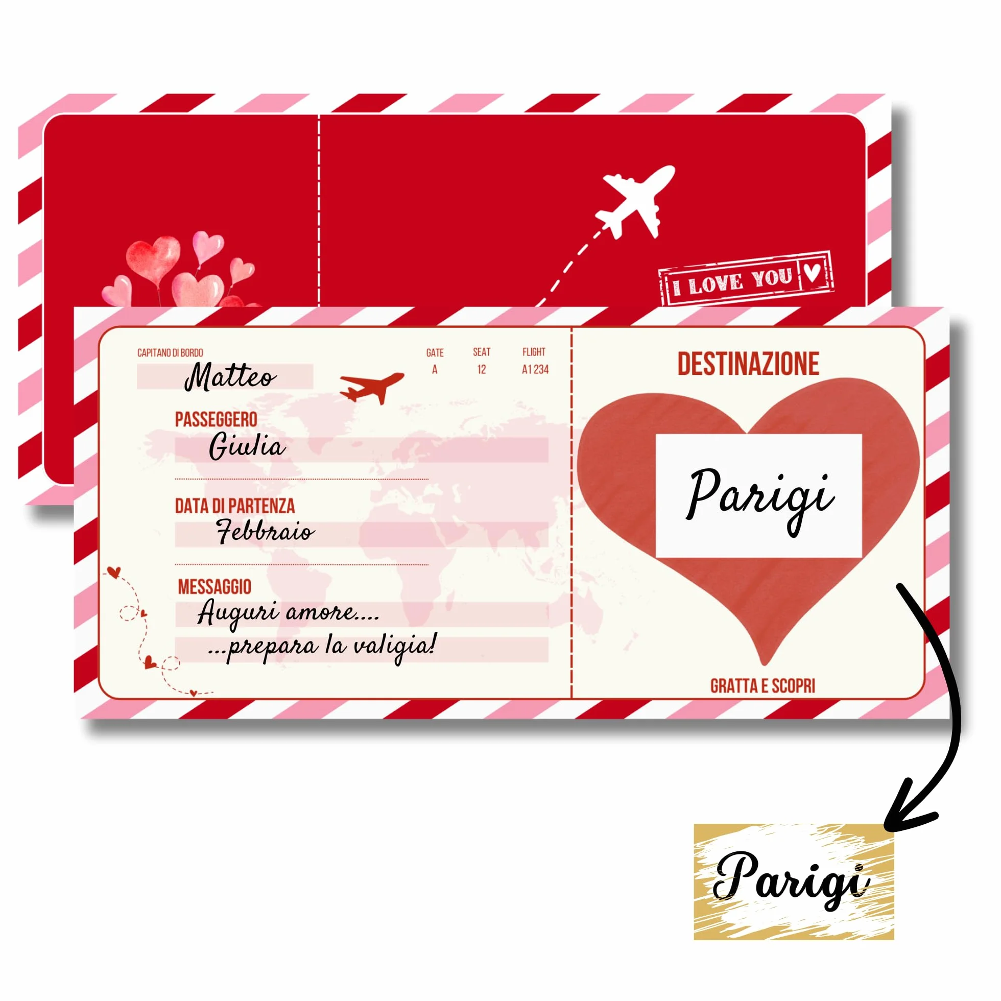 Biglietto Viaggio Sorpresa Gratta e Vinci | Biglietto Aereo Finto Regalo | Regalo San Valentino per Lei e Lui (Love)