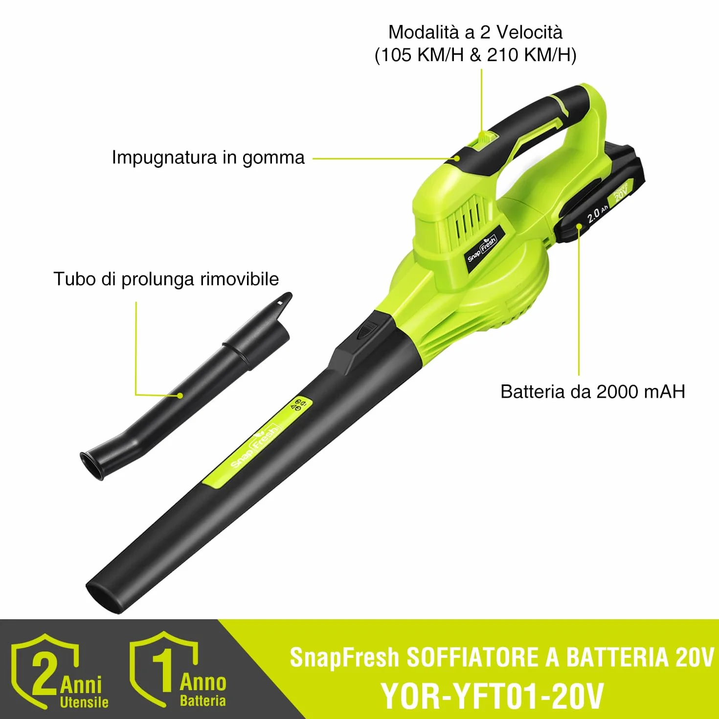 SnapFresh Soffiatore a Batteria 20V Soffiatore Elettrico per Foglie Leggero 1,2 kg, 210 km/h 240 m³/h, 2 Velocità Regolabili, con Batteria e Caricabatterie, per Giardino/Prato/Auto/Polvere (Verde)