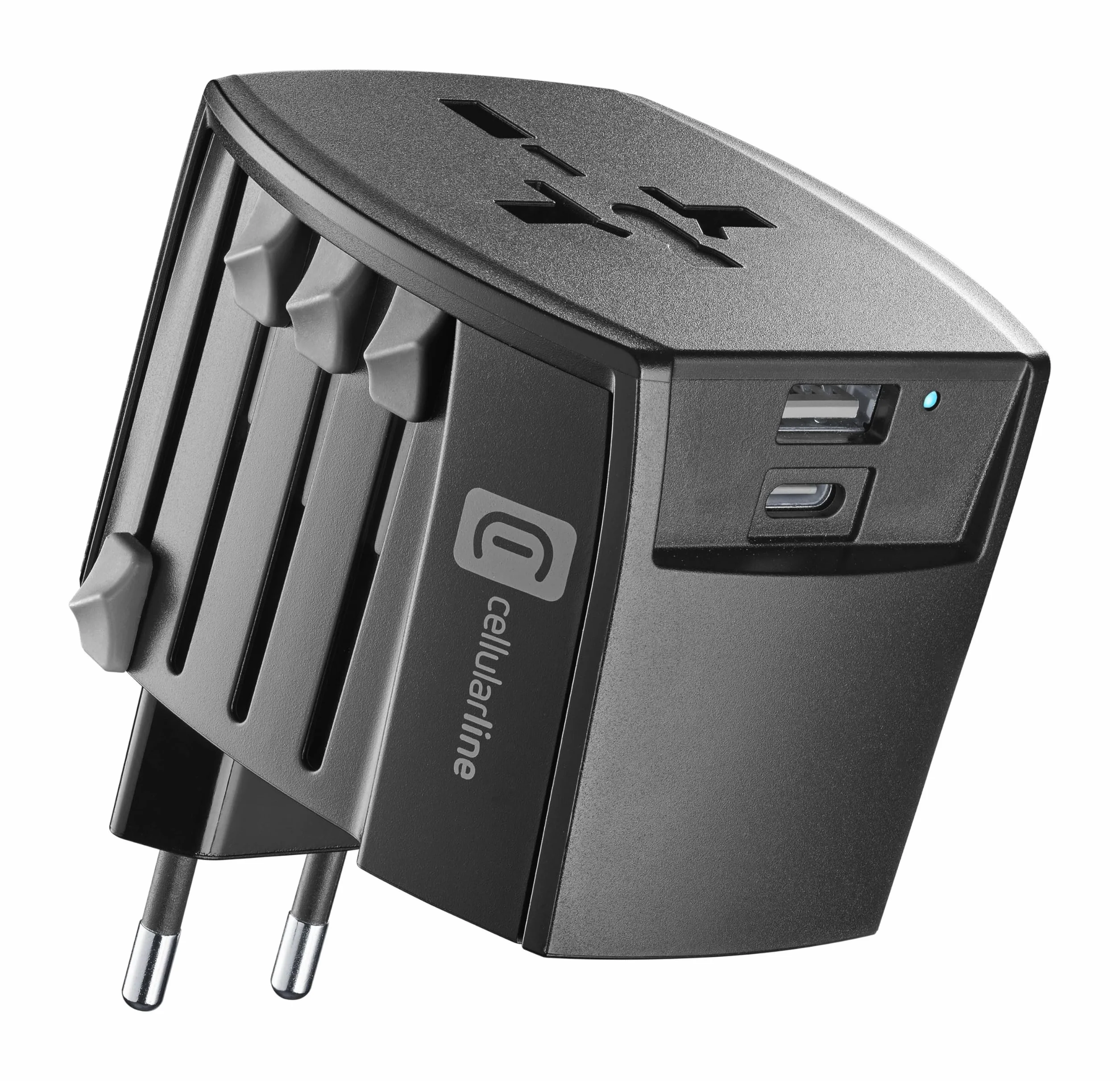 Cellularline Adattatore da viaggio multispina USB 18W USB-C 20W 100-240V 600W EU/UK/AUS/USA Nero