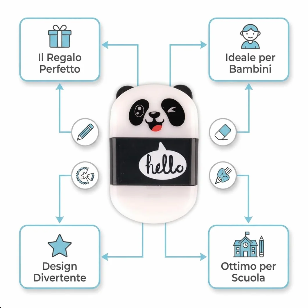 Colourbook Temperamatite 3 in 1 con Gomma e Contenitore Trucioli, Design Panda, Mini Temperino Compatto per Scuola, 4x1,5x1,5 cm