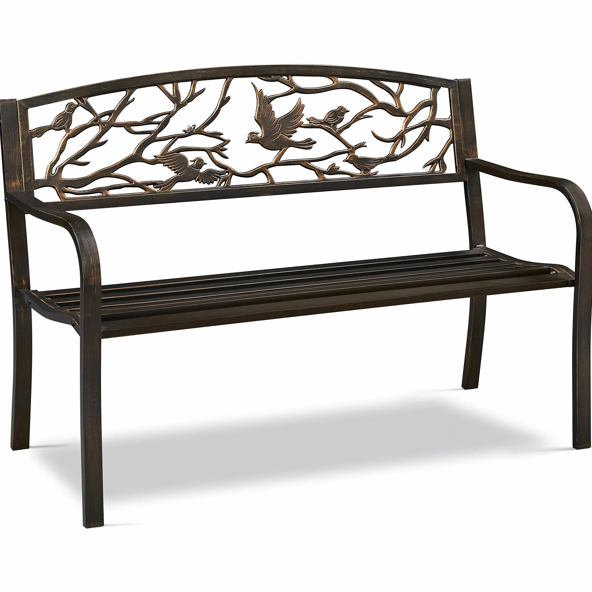 Yaheetech Panca da Giardino in Ferro 127 cm × 52 cm × 86 cm Panchina da Patio con Braccioli Schienale con Motivi Primaverili Portata 180 kg Bronzo