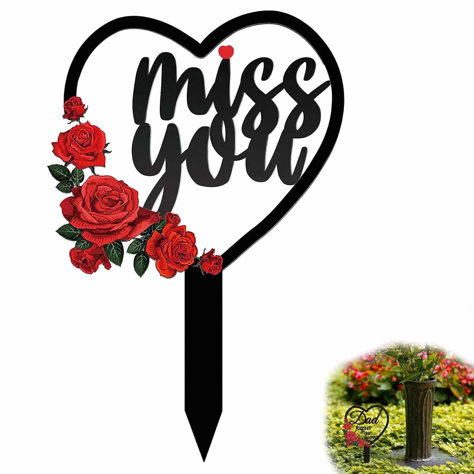 decorazione tomba cuore metallo 1 pezzo 30x18 cm resistente per esterno con scritta Miss You e soffione per cimitero giardino prato commemorazione